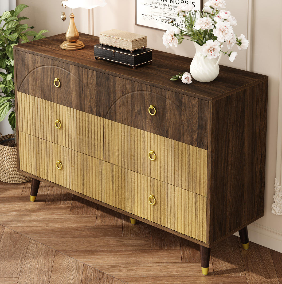 KOMODA 120/40/81 cm přírodní z MDF a dřevotřísky se 6 zásuvkami - přírodní, kompozitní dřevo (120/81/40cm) - OKWISH