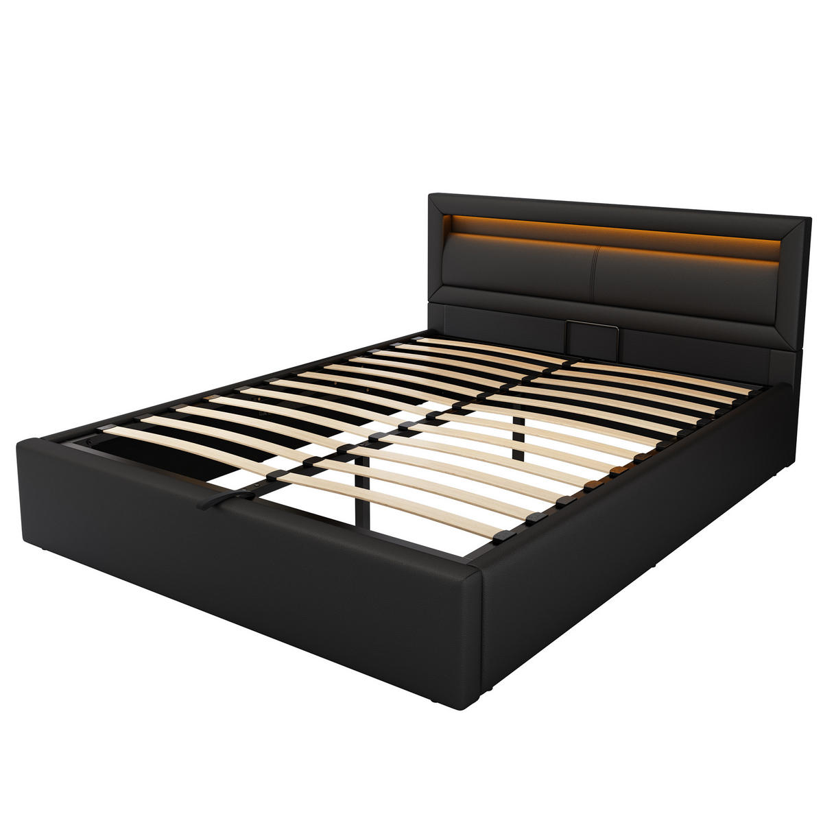 POLSTERBETT 140/190 cm Schwarz mit LED-Beleuchtung und Bettkasten aus PU-Kunstleder - Schwarz, Kunststoff (140/190cm) - OKWISH