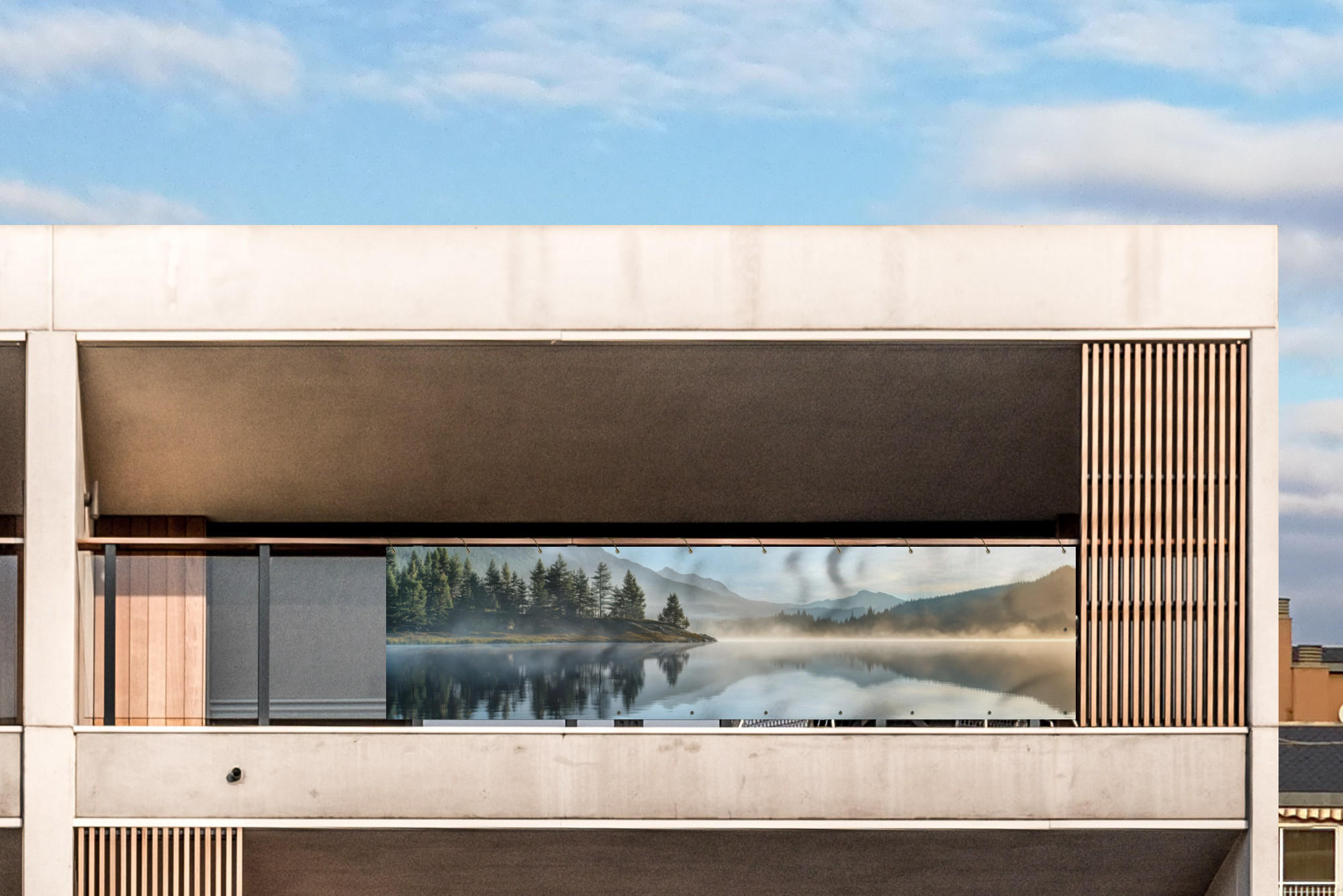 BALKON-SICHTSCHUTZ See - Nebel - Berge - Landschaft - Hellblau, Kunststoff (300/75cm) - MuchoWow