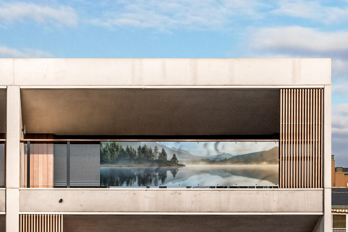 BALKON-SICHTSCHUTZ See - Nebel - Berge - Landschaft - Hellblau, Kunststoff (300/75cm) - MuchoWow