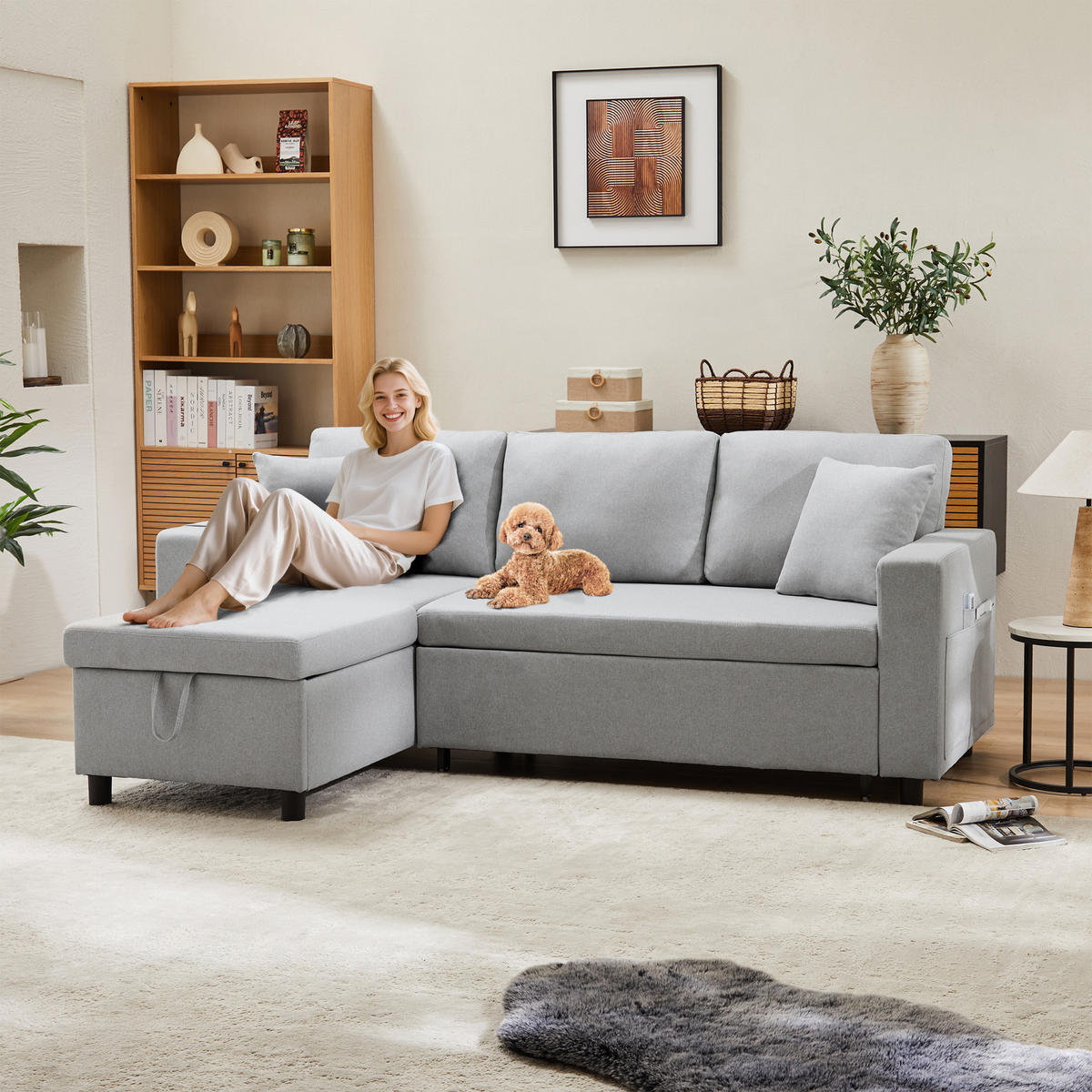 4-SITZER ECKSCHLAFSOFA Leinen Grau mit Stauraum und mit Kissen - Grau, Holzwerkstoff/Kunststoff (219.5/142.5cm) - WISHDOR