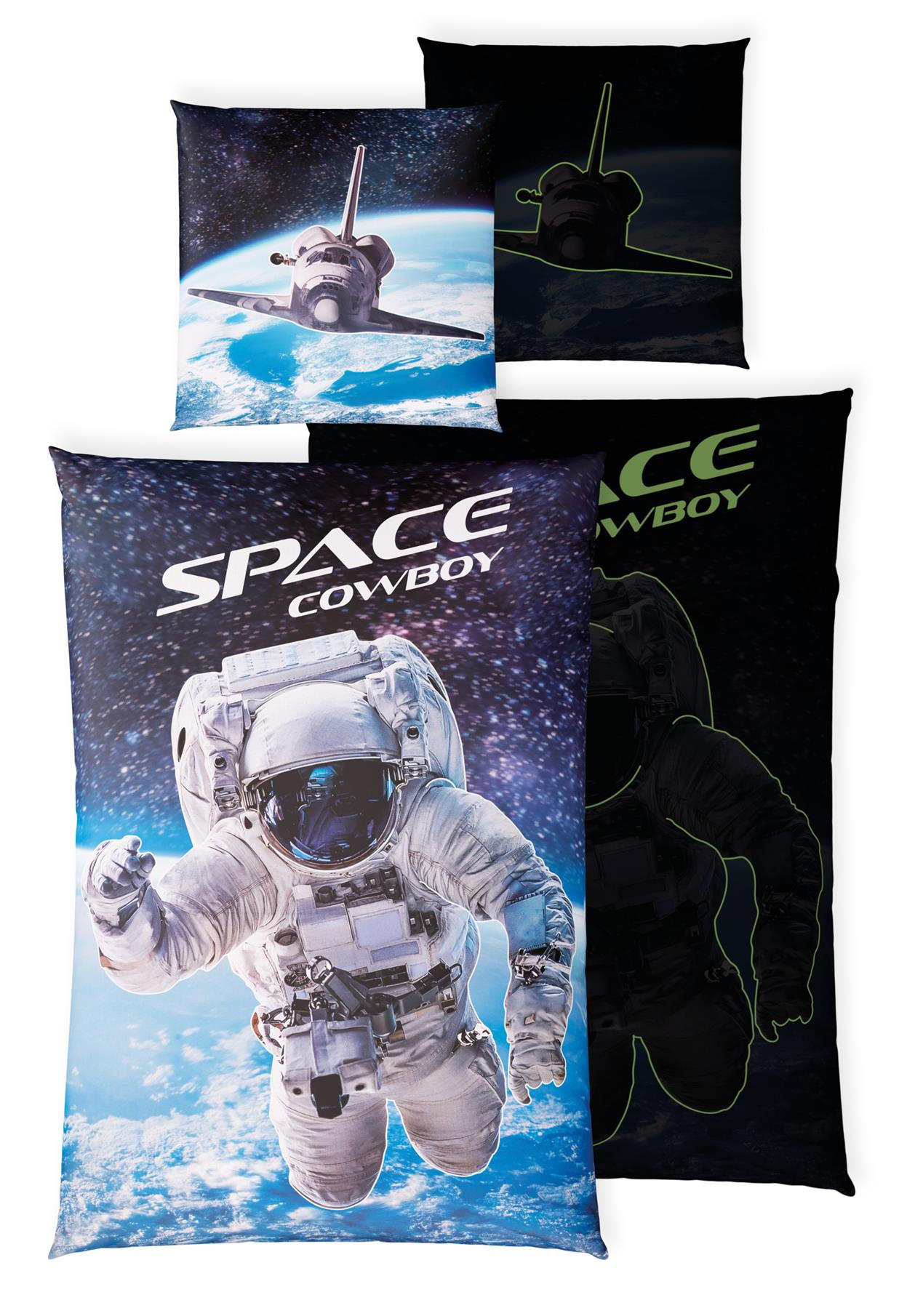 KINDERBETTWÄSCHE 135x200 cm Astronaut Weltall aus 100% Baumwolle - Leuchtet um Dunkeln - Blau, Textil (135/200cm) - Carpe Sonno