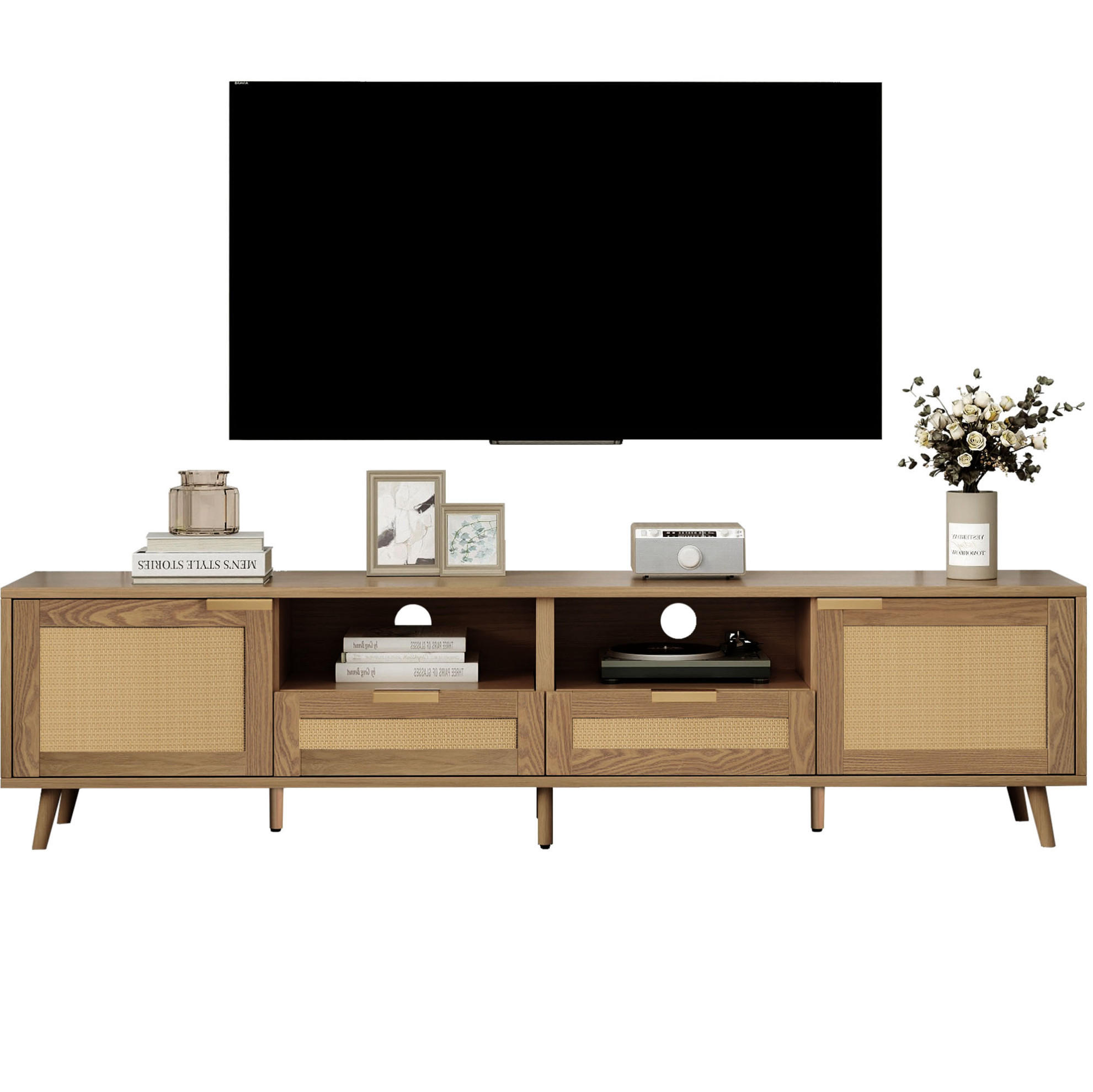 TV-SCHRANK aus Holzwerkstoff 200x37x49 cm Eiche mit 2 Türen, 2 Schubladen, Rattandesign und verstellbaren Füßen - Braun, Holzwerkstoff (200/49/37cm) - Modfu