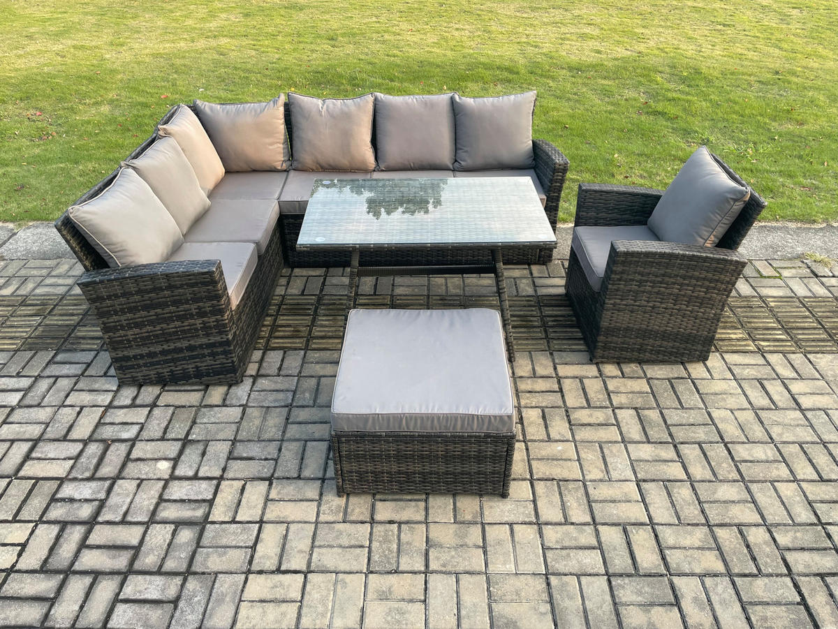 GARTENLOUNGE mit Ecksofa Polyrattan Dunkelgrau 8-Sitzer - Dunkelgrau/Grau, Glas/Kunststoff - Fimous
