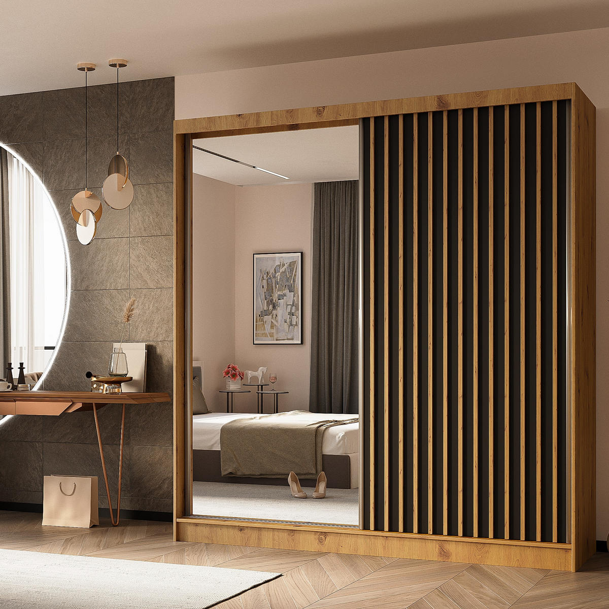 SCHWEBETÜRENSCHRANK LAMELLO 200/216/61 cm 2-türig mit Spiegel Eiche Artisan - Schwarz/Eiche Artisan, Holzwerkstoff (200/216/61cm) - MASSENO