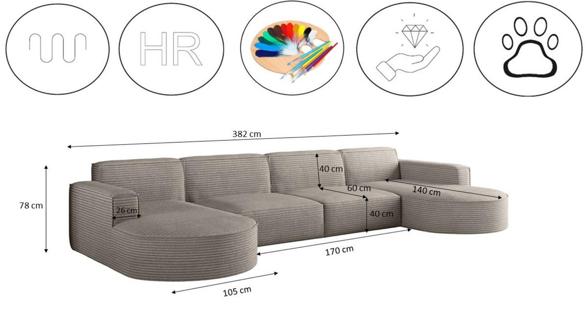 ECKSOFA U-Form XL Designer MODENA stoff Dicker Cord Poso Hellbraun - Hellbraun, Holz (165/382cm) - Kaiser Möbel