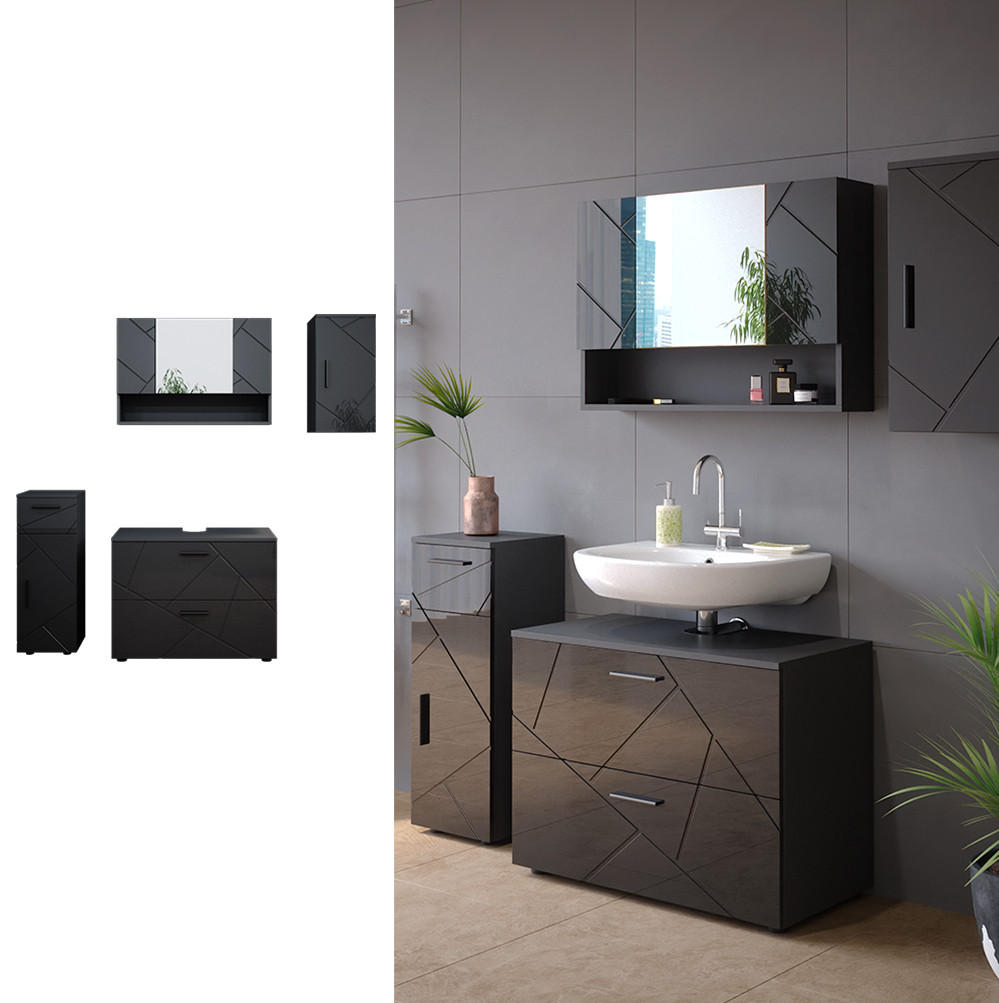 BADMÖBEL-SET Irma Anthrazit Hochglanz 4 Teile - Anthrazit, Holzwerkstoff (80/58.6/41cm) - Vicco