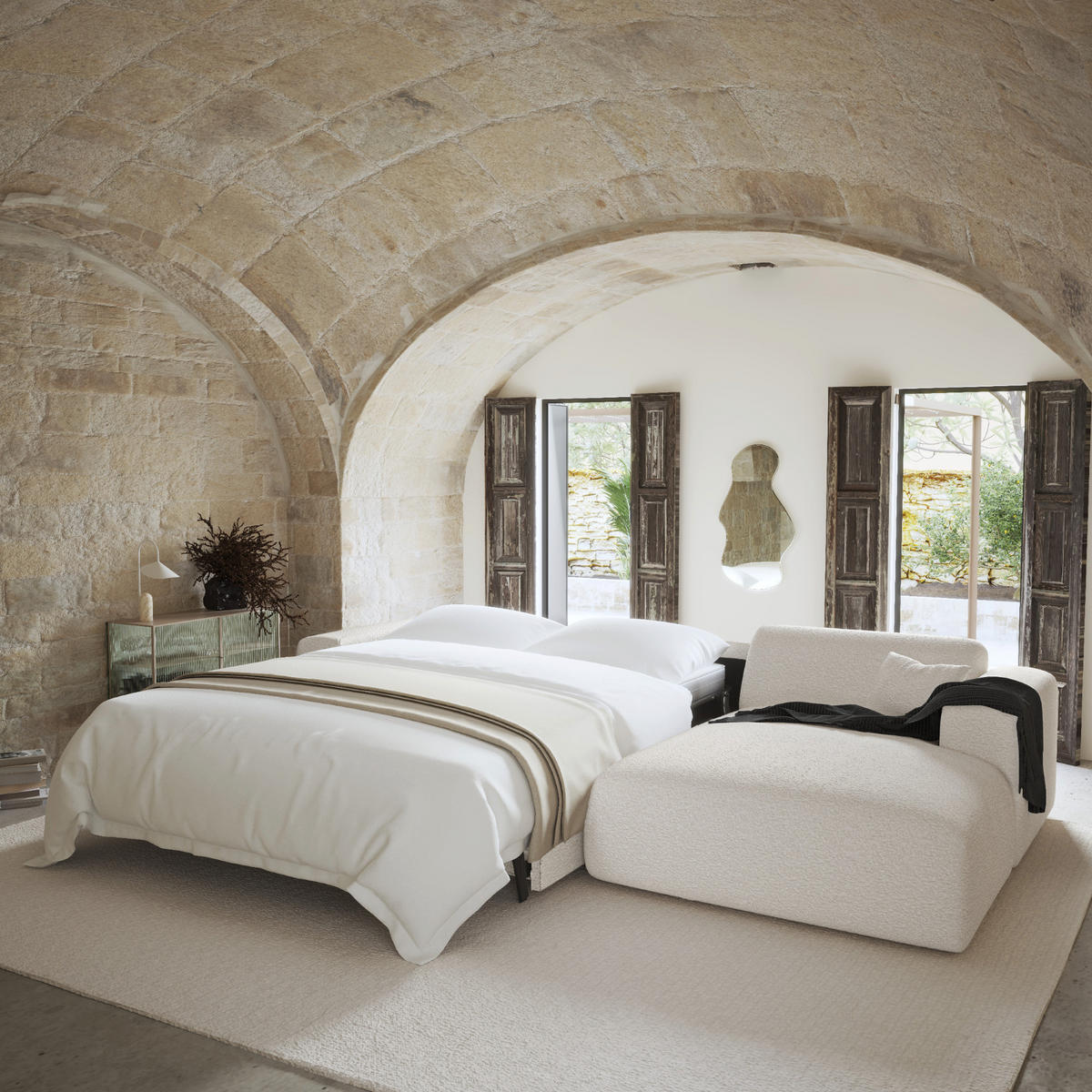 ECKSOFA RECHTS SCHLAFSOFA Dunlopillo 5 Plätze Bouclé creme - Creme, Textil (299/165cm) - Sia Home