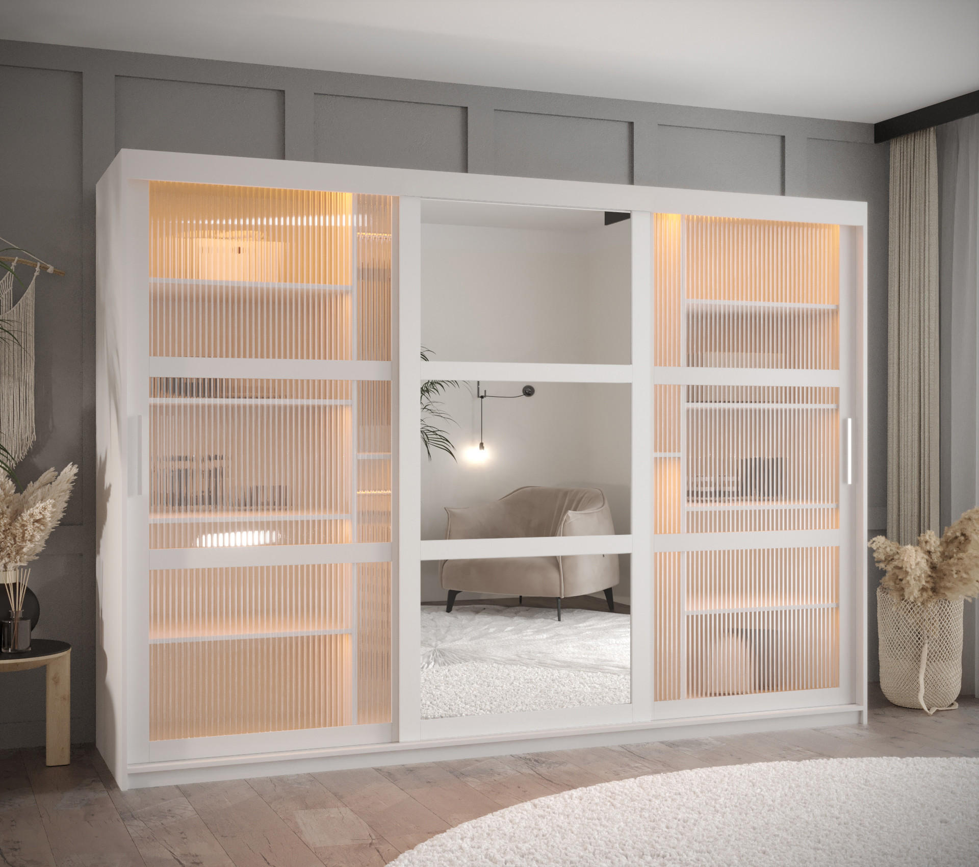 SCHWEBETÜRENSCHRANK 200/250/62 3-türig - Silberfarben/Weiß, Holz/Kunststoff (250/200/62cm) - Abiks Möbel