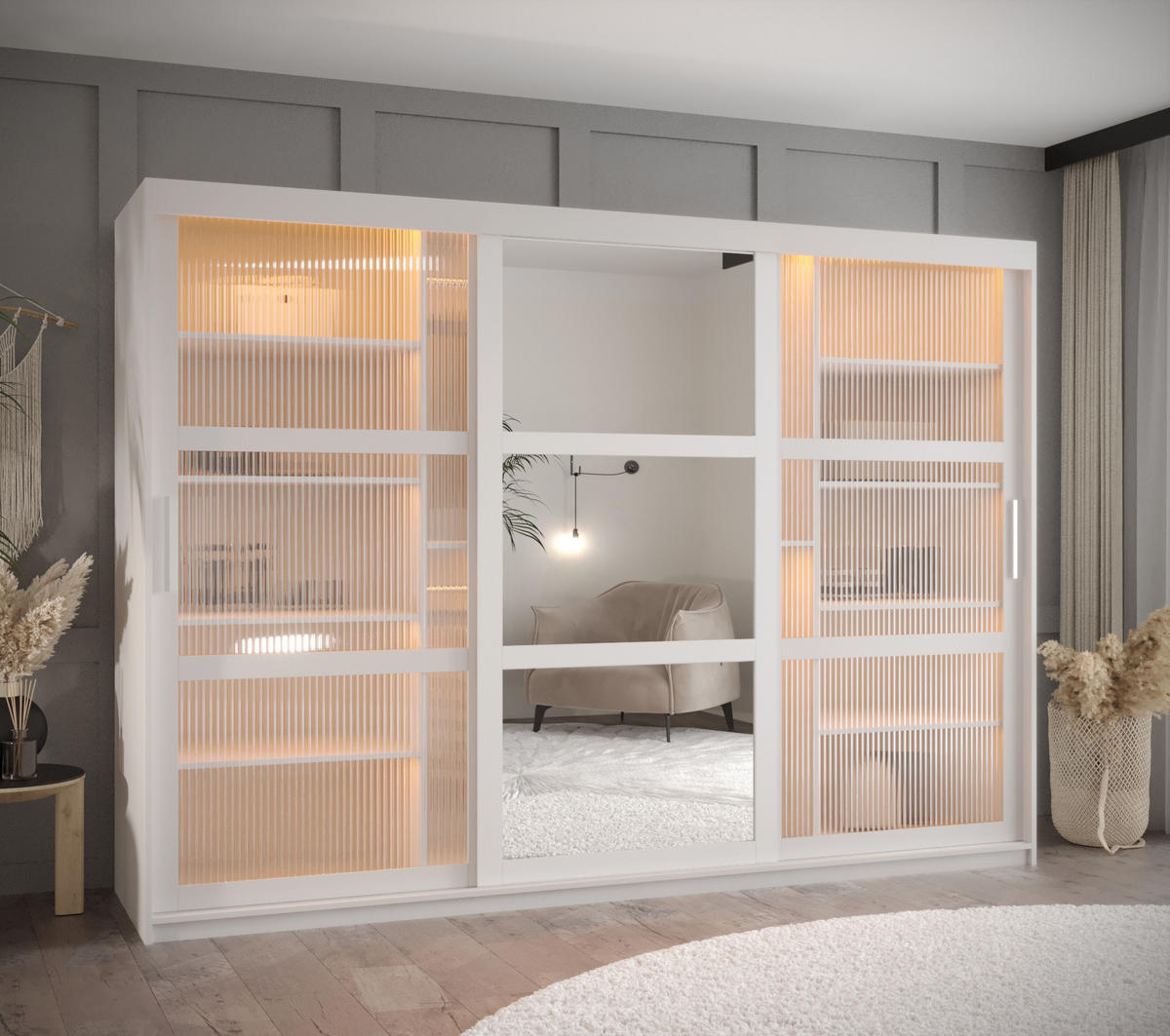 SCHWEBETÜRENSCHRANK 200/250/62 3-türig - Silberfarben/Weiß, Holz/Kunststoff (250/200/62cm) - Abiks Möbel