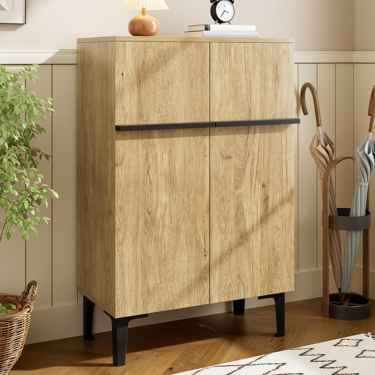 SCHUHSCHRANK 60/34,5/95 cm schwarz in Holzoptik aus Holzwerkstoff mit Doppeltüren - Schwarz, Holzwerkstoff (60/95/34.5cm) - OKWISH