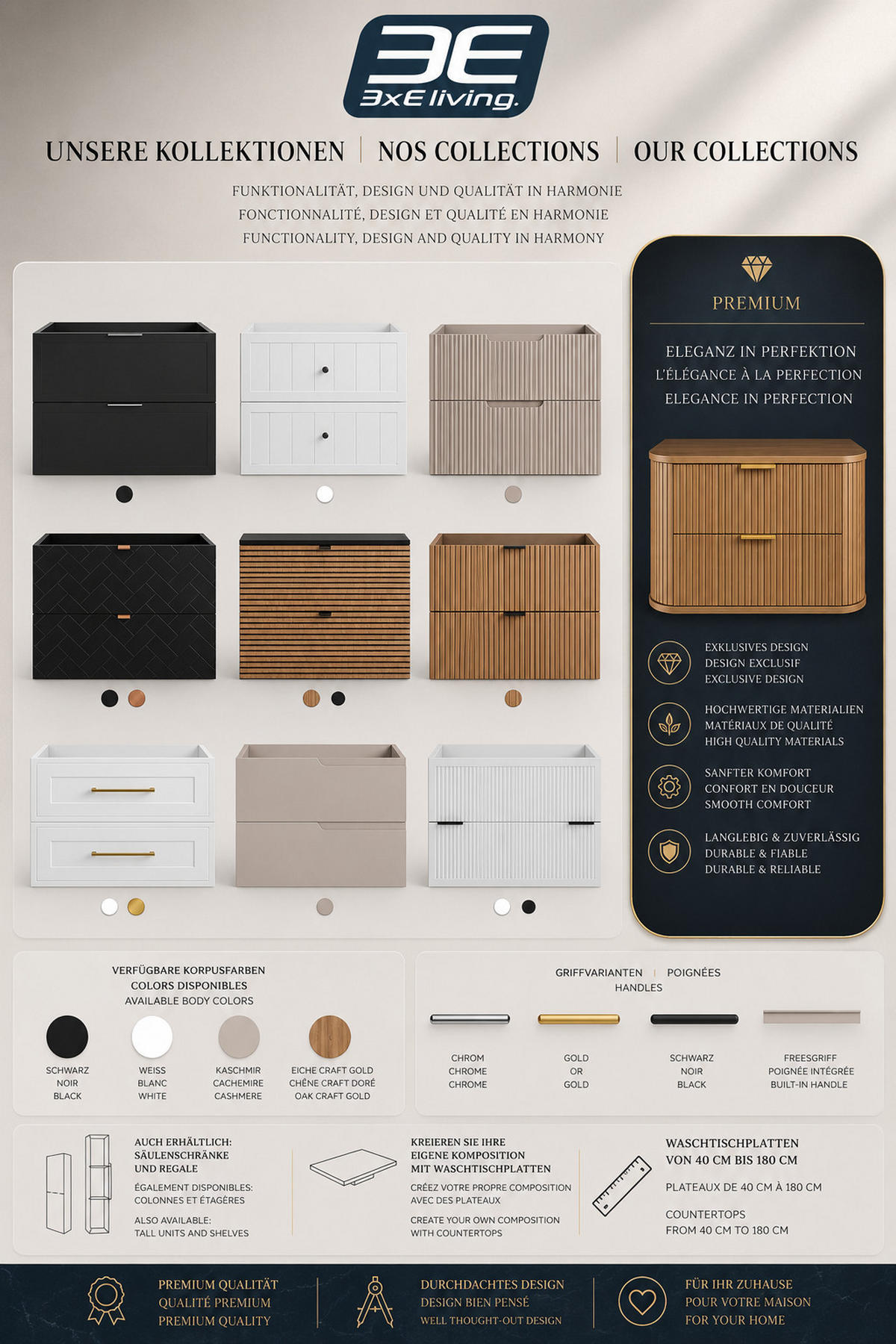 BADEZIMMERSCHRANK : Farbe Kaschmir, Griff gold, Füße gold, 120 x 41,5 x 66,7 cm - Kaschmir/Goldfarben, Holzwerkstoff (120/66.7/41.5cm) - 3XE LIVING