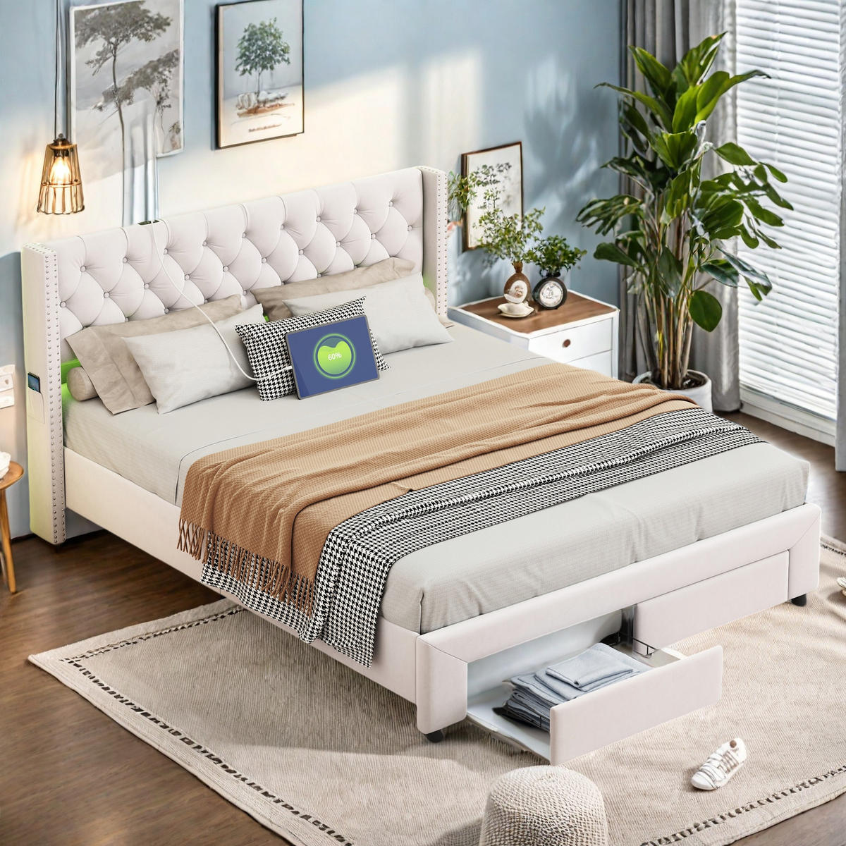 POLSTERBETT 180x200 cm Beige Samt LED USB Bettkasten - Beige, Metall (180/200cm) - SHOPENTRA