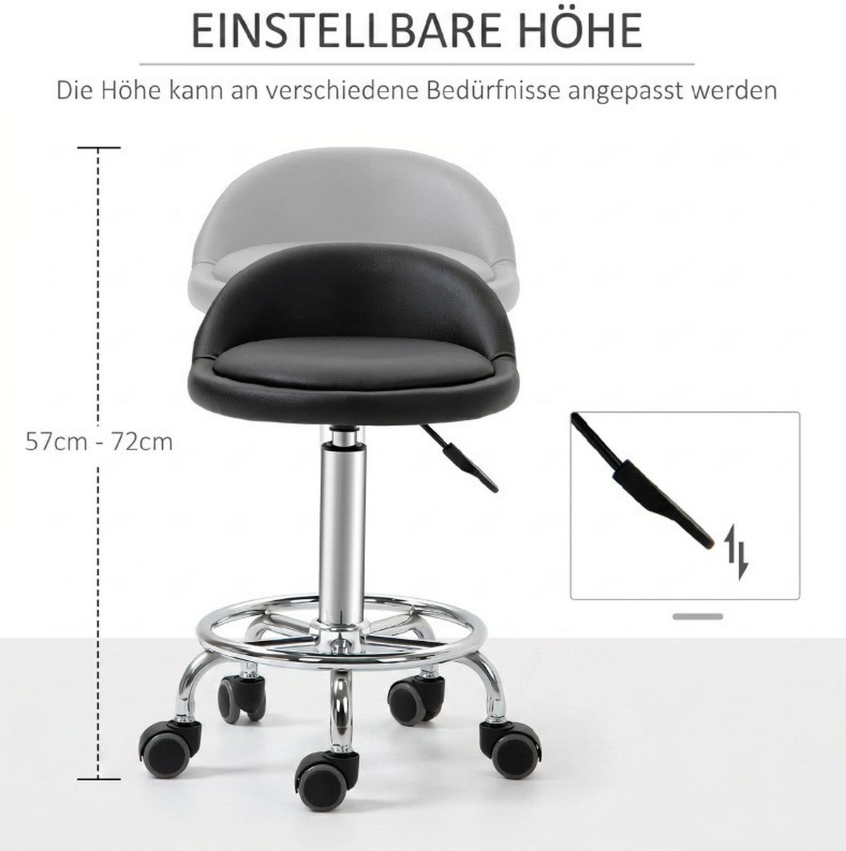 ROLLHOCKER im 2er-Set in Schwarz 38x38x72 cm, höhenverstellbar von 57 bis 72 cm - Schwarz, Kunststoff (38/72/38cm) - IVMEU