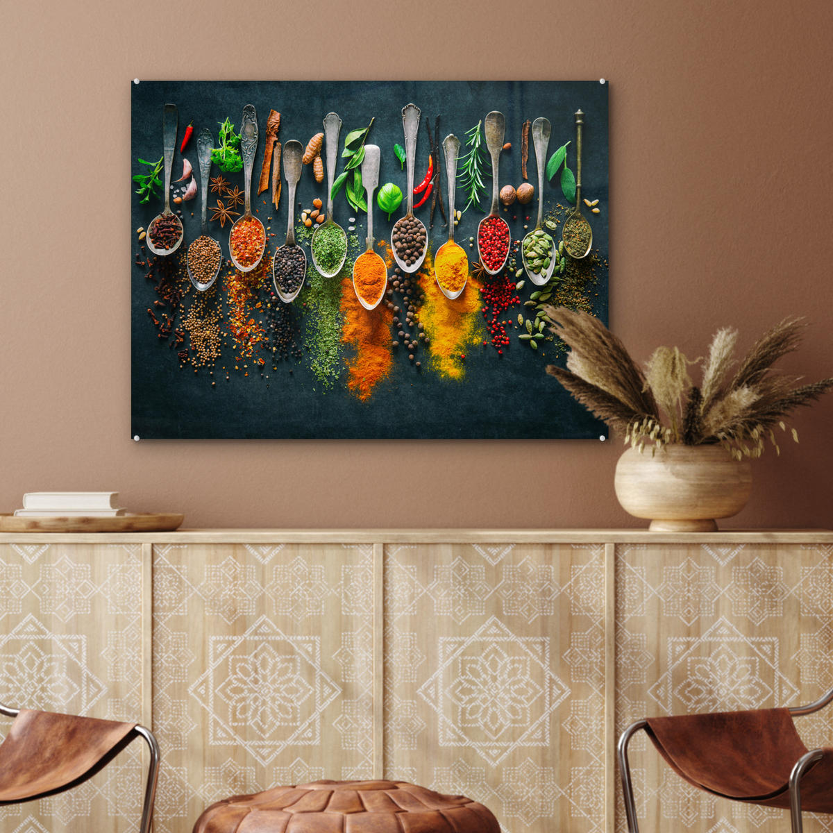 OBRAZ NA AKRYLOVOM SKLE Bylinky - korenie - lyžičky 80x60 cm - kari žltá, sklo (80/60cm) - MuchoWow