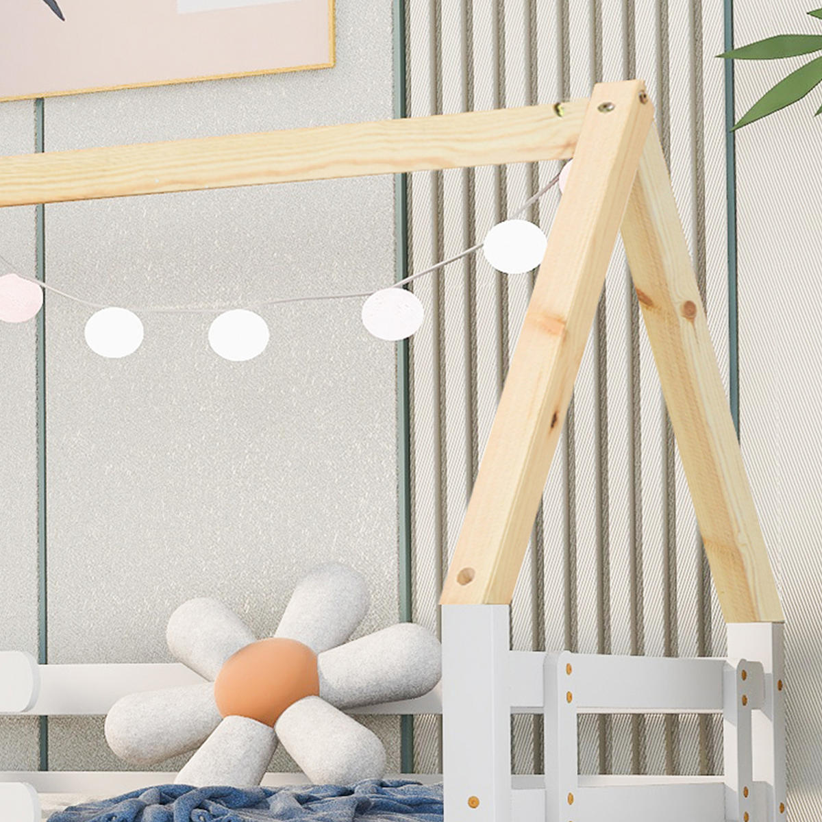 KINDERBETT 90/200 cm Weiß mit naturfarbenem Dachstuhl aus Massivholz - Weiß, Holz (90/200cm) - OKWISH