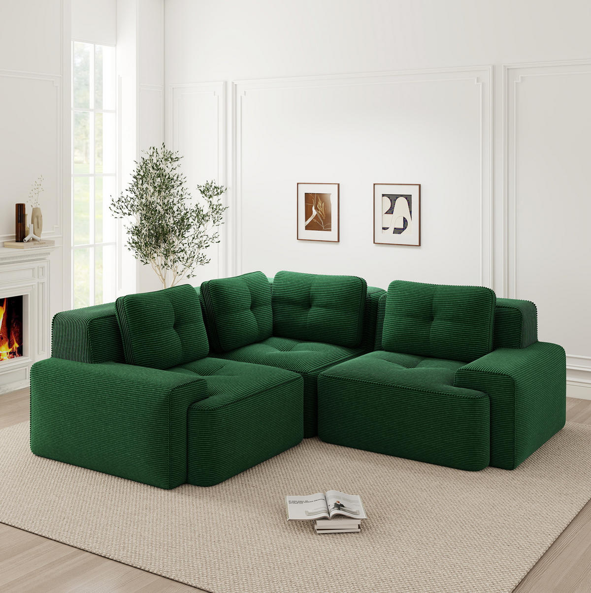 ECKSOFA 206/206/69 cm grün aus Cord mit modularem Design und rutschfestem Standfuß - Grün, Textil (206/206cm) - OKWISH
