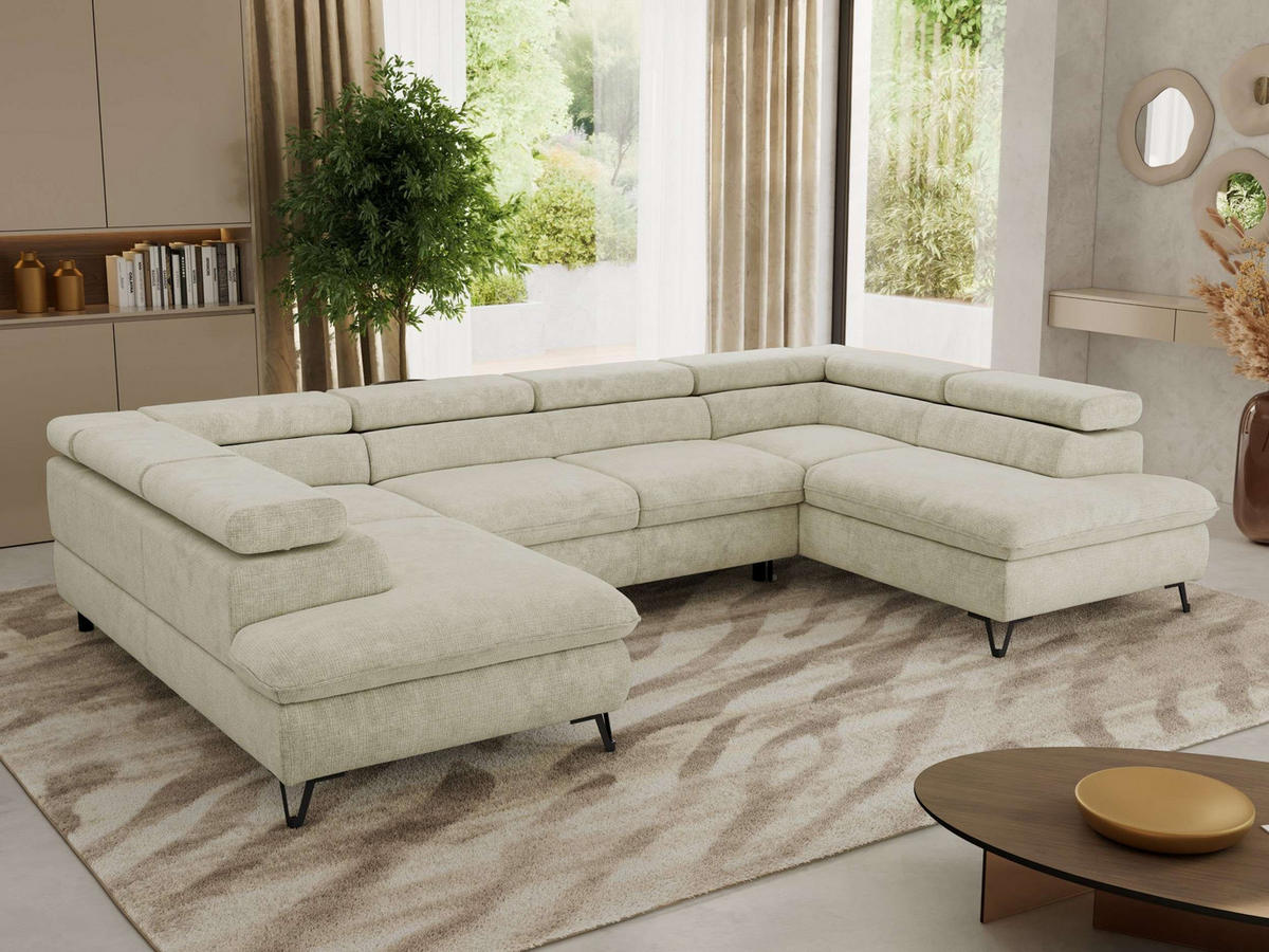 WOHNLANDSCHAFT PABLO U Schenille grob gewebt Creme mit Topper T25 - Creme/Schwarz, Textil/Metall (346/76/208cm) - MKS