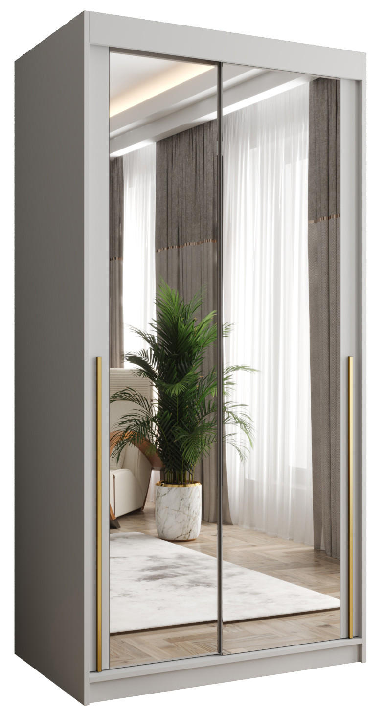 SCHIEBETÜRENSCHRANK mit Spiegel 100 cm Breite, weiß mit Goldgriff - Goldfarben/Weiß, Holzwerkstoff (100/200/62cm) - Home Collective