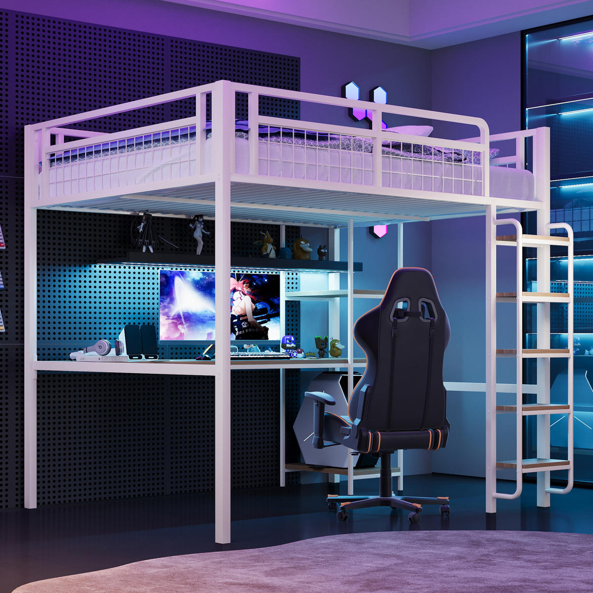 HOCHBETT aus Metall 140x200 cm in Weiß mit Tisch & Regal - Weiß, Metall (140/200cm) - Modfu