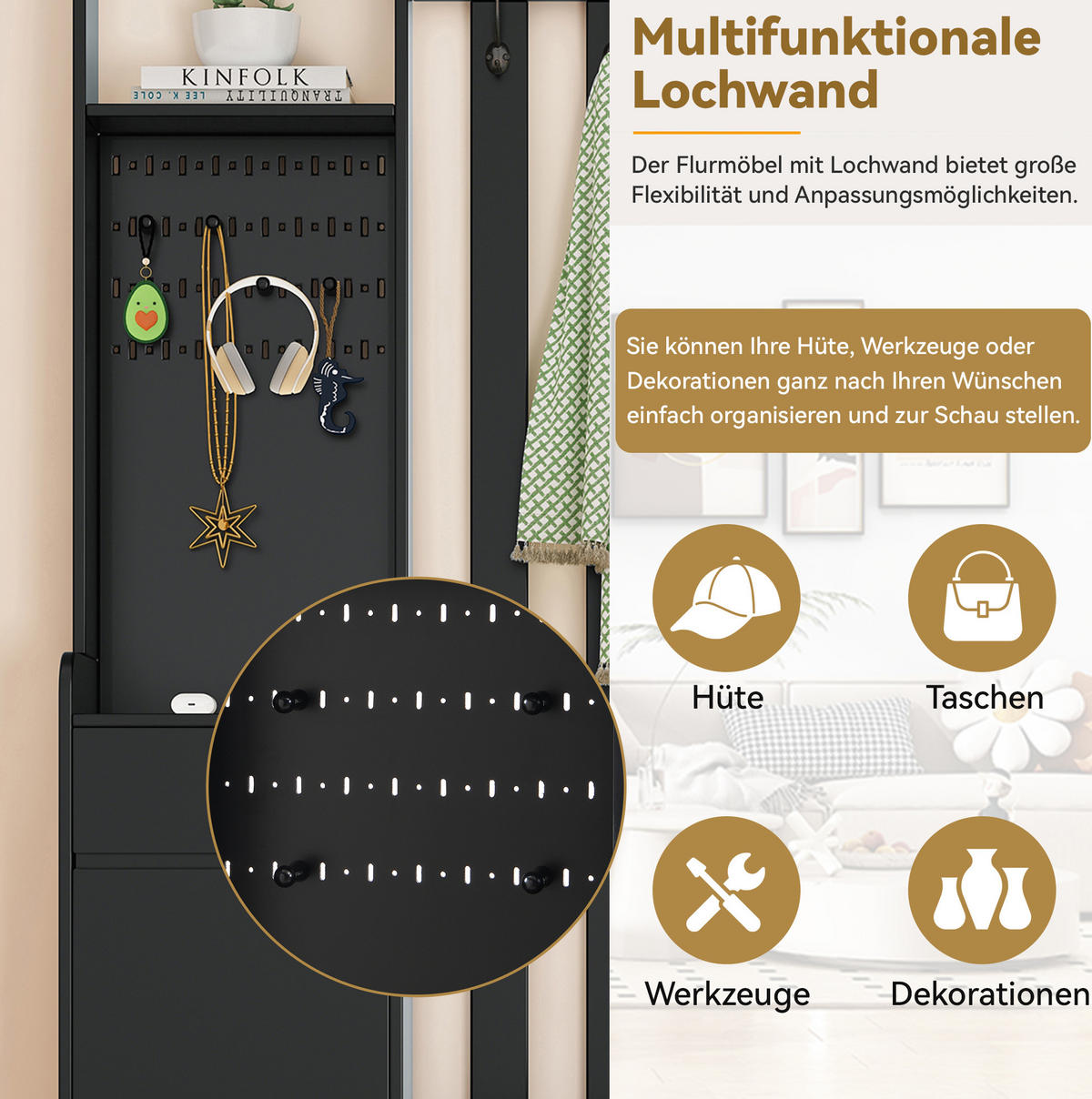 DIELENGARDEROBE mit Sitzbank und 4 Haken in Schwarz, 100/35/180 cm - Schwarz, Holzwerkstoff (100/180/35cm) - BEAOK