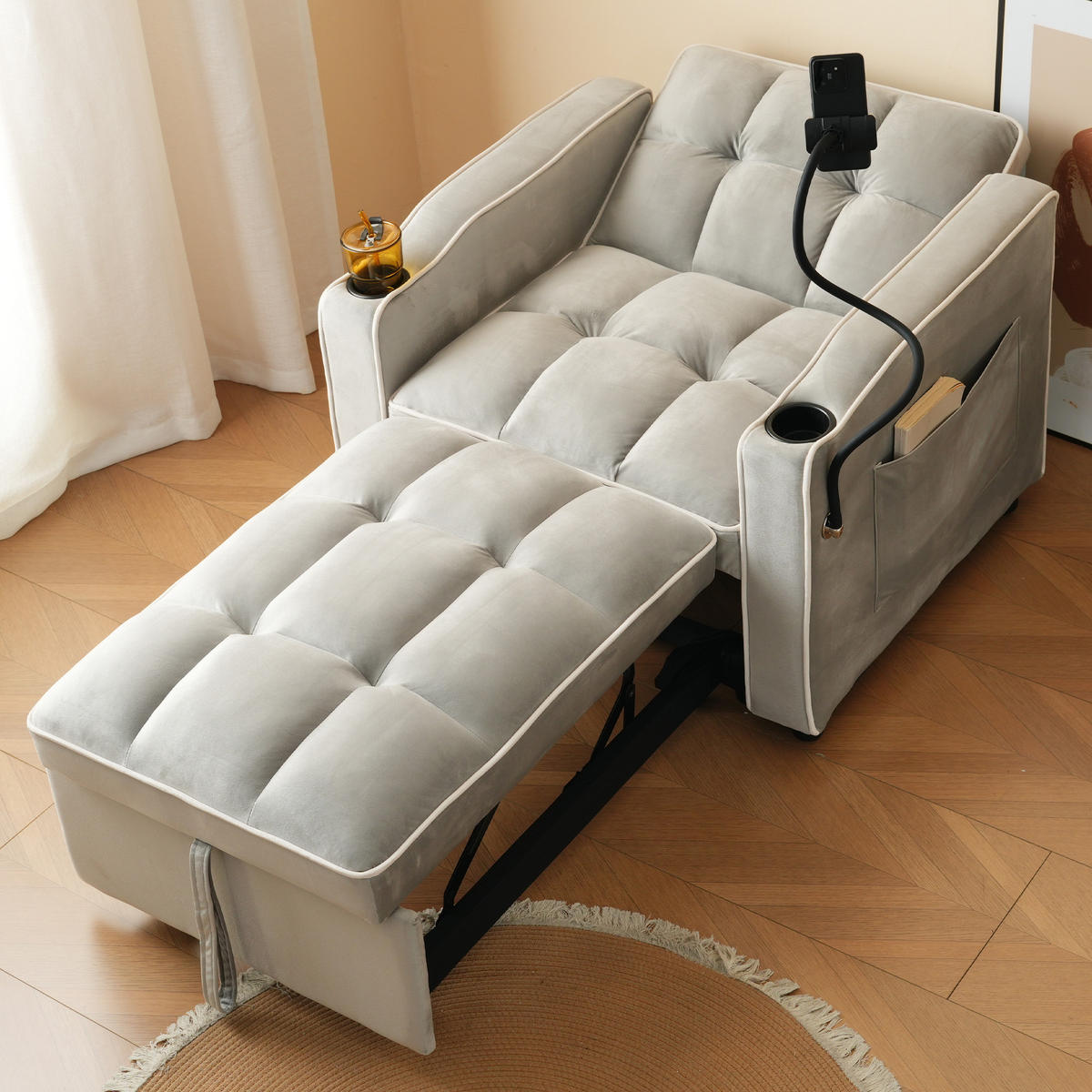 SCHLAFSESSEL Schlafsofa 3-in-1 Ausziehbares Einzel 83/167/76 cm Grau mit Getränkehaltern und Handyhalter - Weiß, Kunststoff (83/76/167cm) - OKWISH