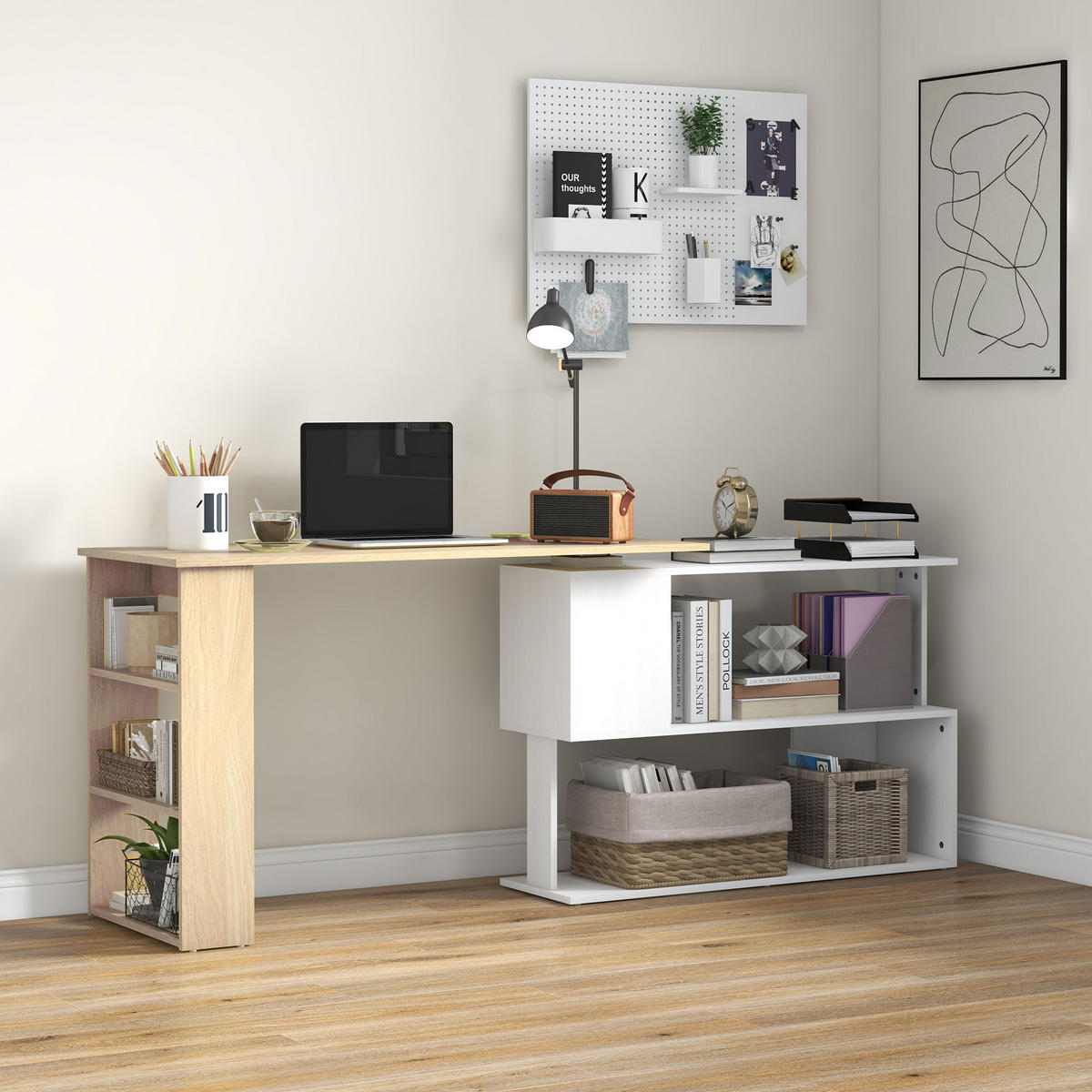 SCHREIBTISCH DE-14943 modulierbar mit 360°-Drehbücherregal Natur - Naturfarben, Holzwerkstoff (120/110/74.5cm) - ComfortXL