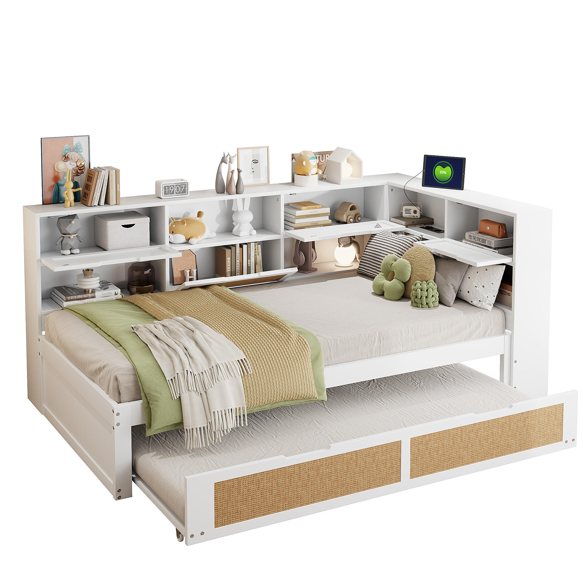 Redom POSTEL 90/200 cm s výsuvným lůžkem, USB porty a úložným prostorem, Dřevěná, Bílá
