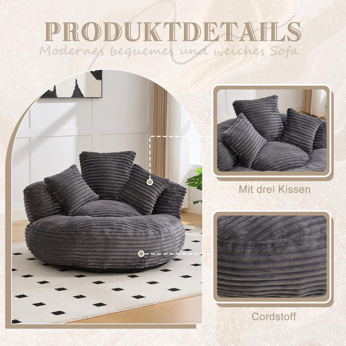 SEDACÍ VAK manšestr tmavě šedý s opěradlem a 3 polštáři - tmavě šedá, textil (108/52/108cm) - Urban Meuble