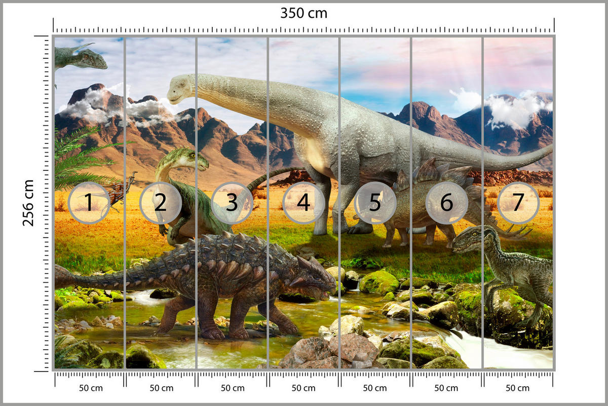 FOTOTAPETE für Kinderzimmer Dinosaurier Berge aus Felsen Bäume 350x256 - Multicolor, Papier (350/256cm) - Muralo