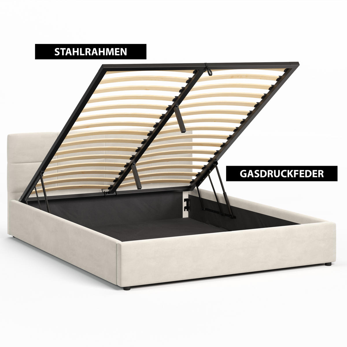 POLSTERBETT 160×200 mit Bettkasten und Lattenrost Mika HLR-1 Beige Velours - Beige, Holz (160/200cm) - Jana