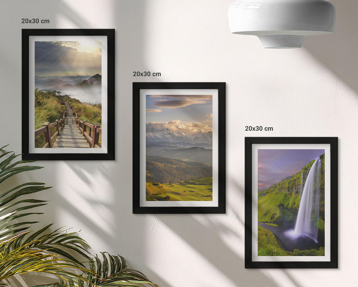 WANDBILDER 3er-Set - 20x30 cm Schwarzer Rahmen - Berglandschaften Wasserfall - Schwarz, Kunststoff (20/30cm) - ArtPrintCave