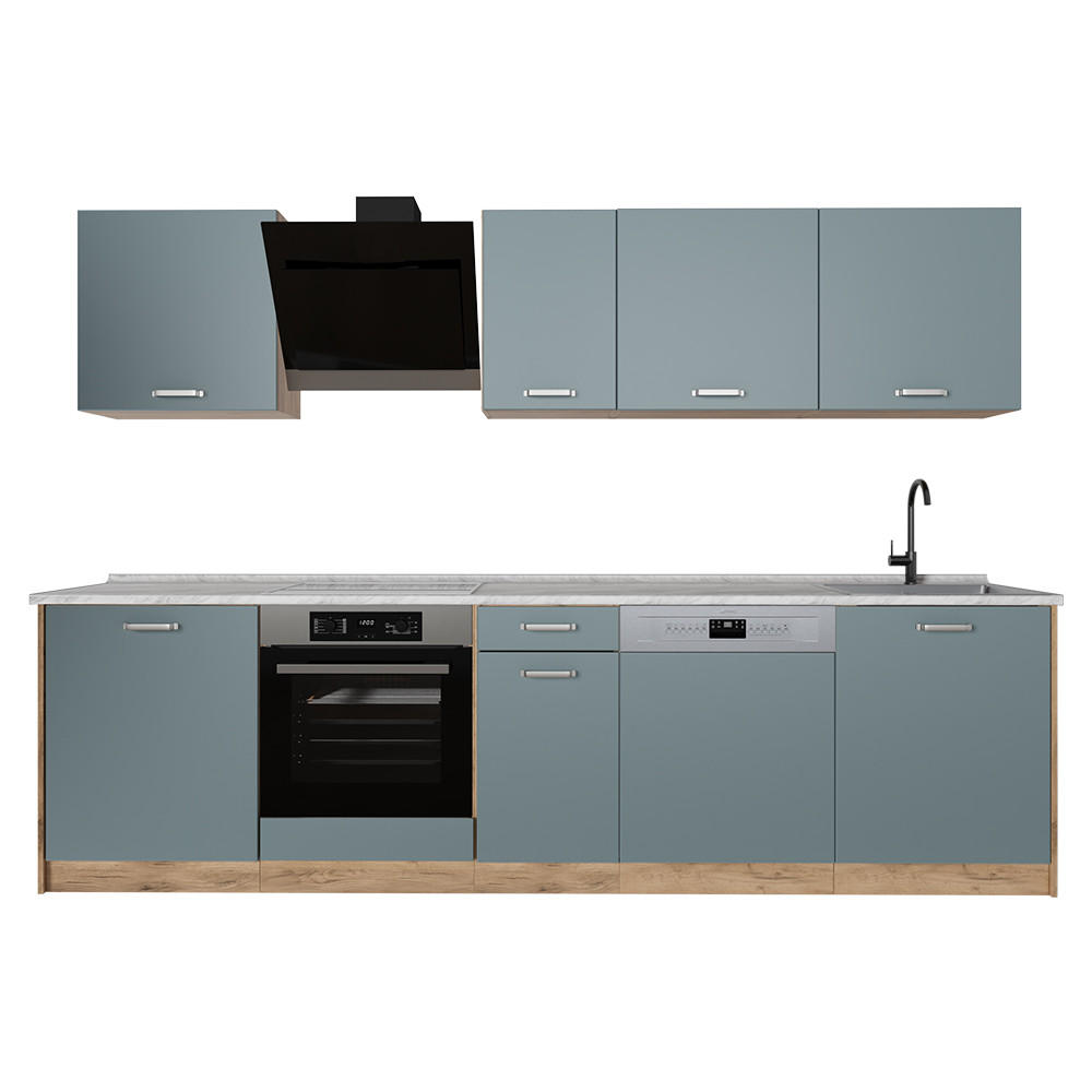 KÜCHENZEILE R-Line, Blau-Grau/Goldkraft Eiche, 280 cm Arbeitsplatte Marmor - Honigeiche/Blaugrau, Holzwerkstoff (280/206.8/60cm) - Vicco