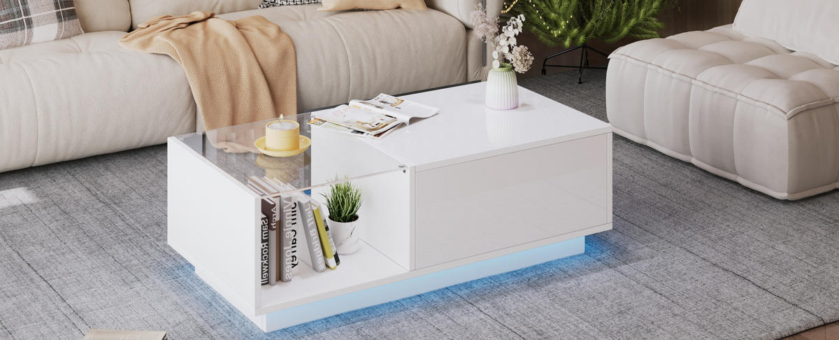 COUCHTISCH, höhenverstellbar mit verstecktem Staufach und App-gesteuerter RGB-LED, 100/50/33–46,5 cm, Weiß - Weiß, Holzwerkstoff (100/50/33cm) - Redom