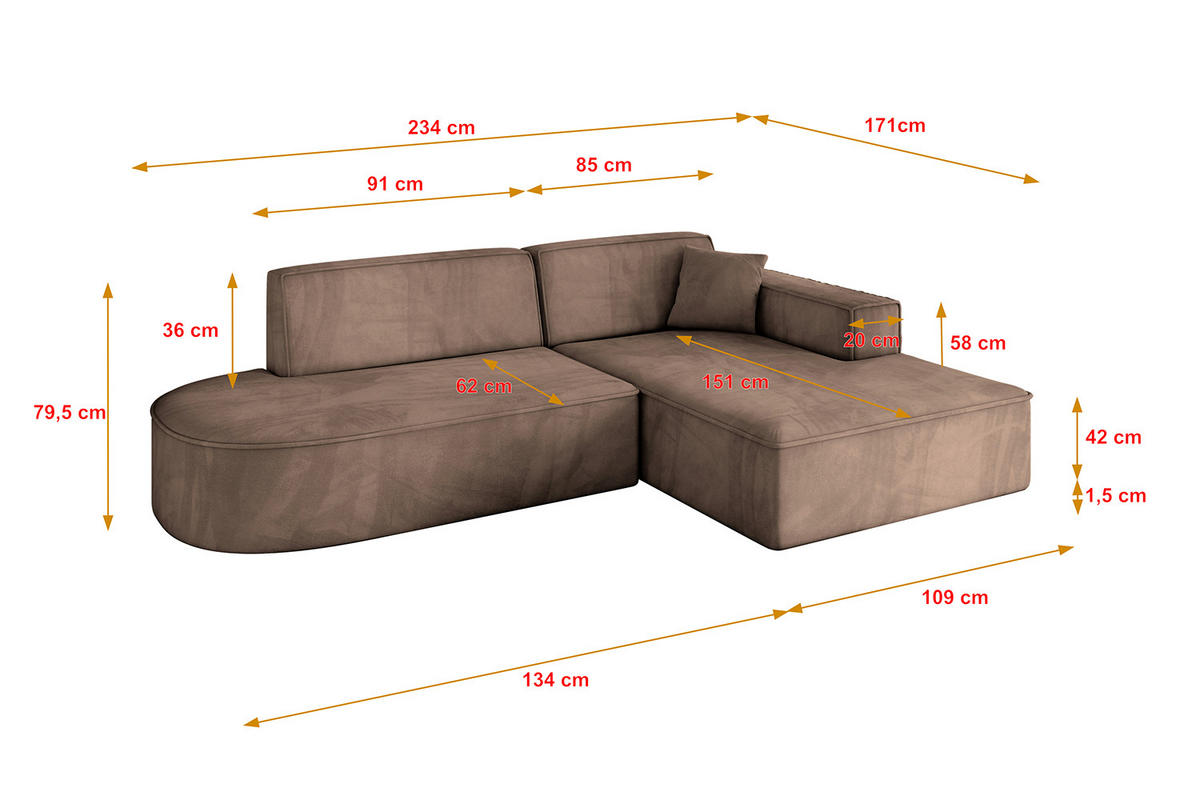 ECKSOFA Ottomane Rechts IREA-L1-v4 - 234x171x79 cm Braun - Braun, Holzwerkstoff/Textil (171/234cm) - ALTDECOR