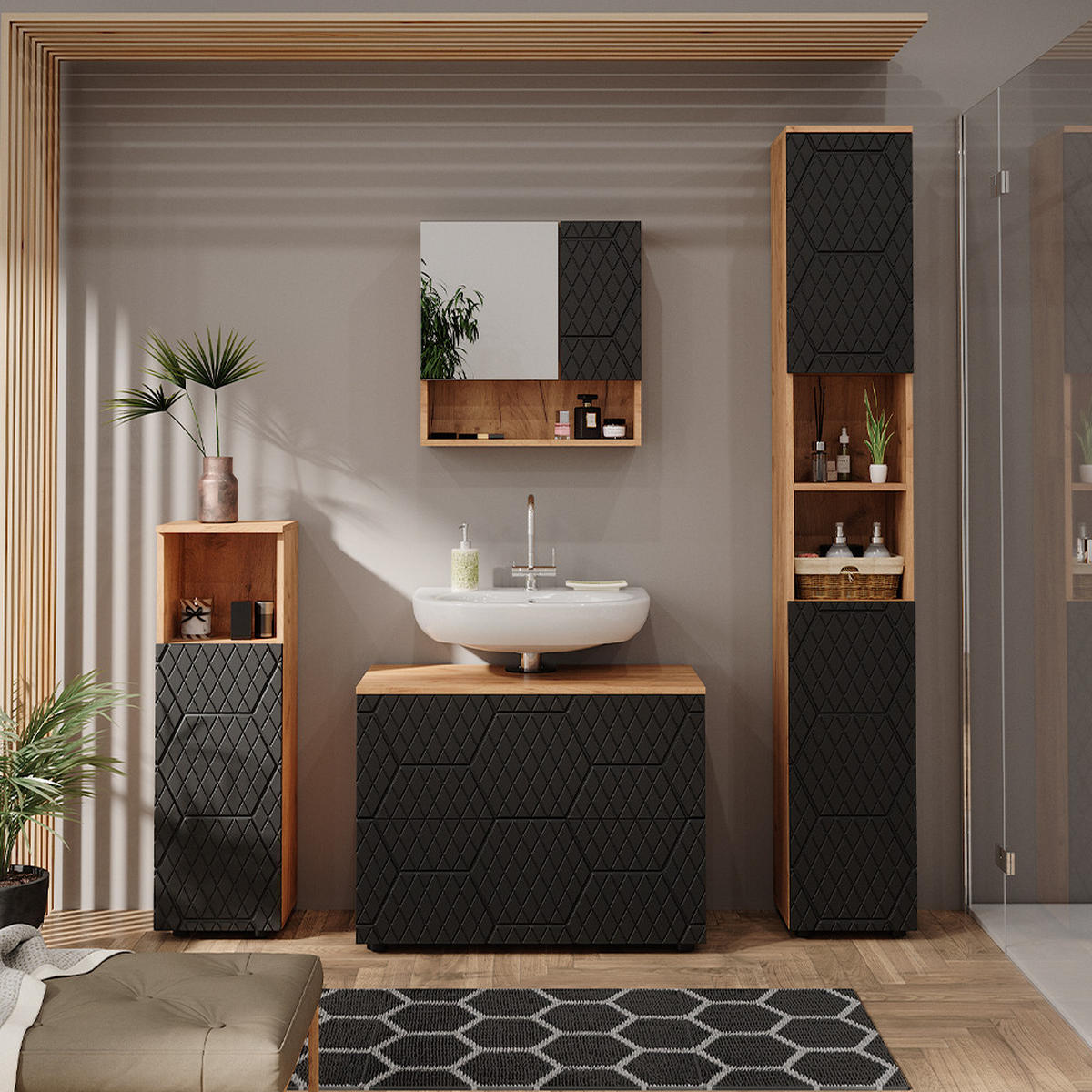 BADMÖBEL-SET Irma Anthrazit gestreift 4 Teile - Honigeiche/Anthrazit, Holzwerkstoff (80/58/41cm) - Vicco