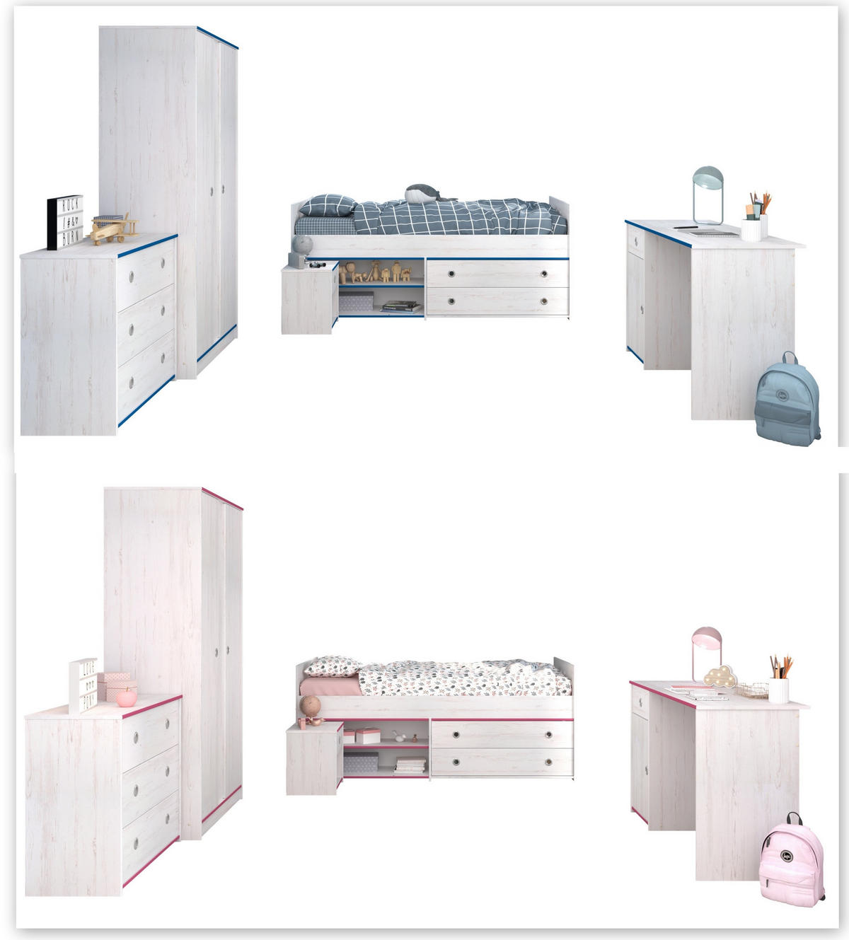 JUGENDZIMMER Smoozy 36 in Kiefer Weiß mit rosa ODER blauen Absetzungen 5 teilig - Weiß, Holzwerkstoff (120/200/80cm)