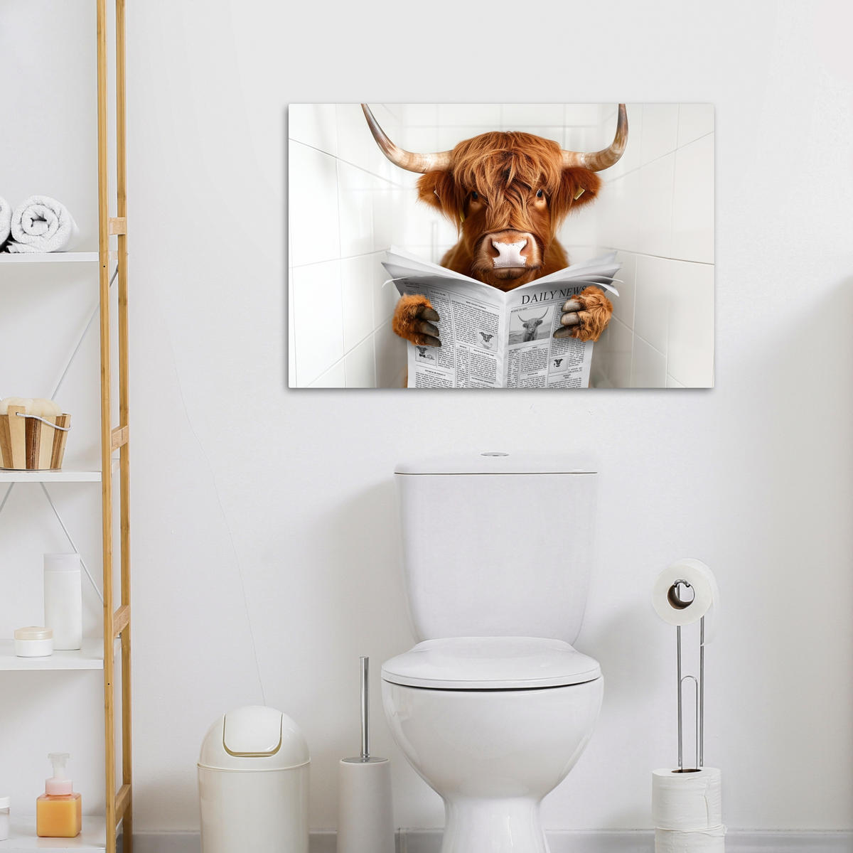 LEINWANDBILD Schottischer Highlander - Tier - Zeitung - Toilette Wanddeko 90x60 cm - Kastanienfarben, Textil (90/60cm) - MuchoWow