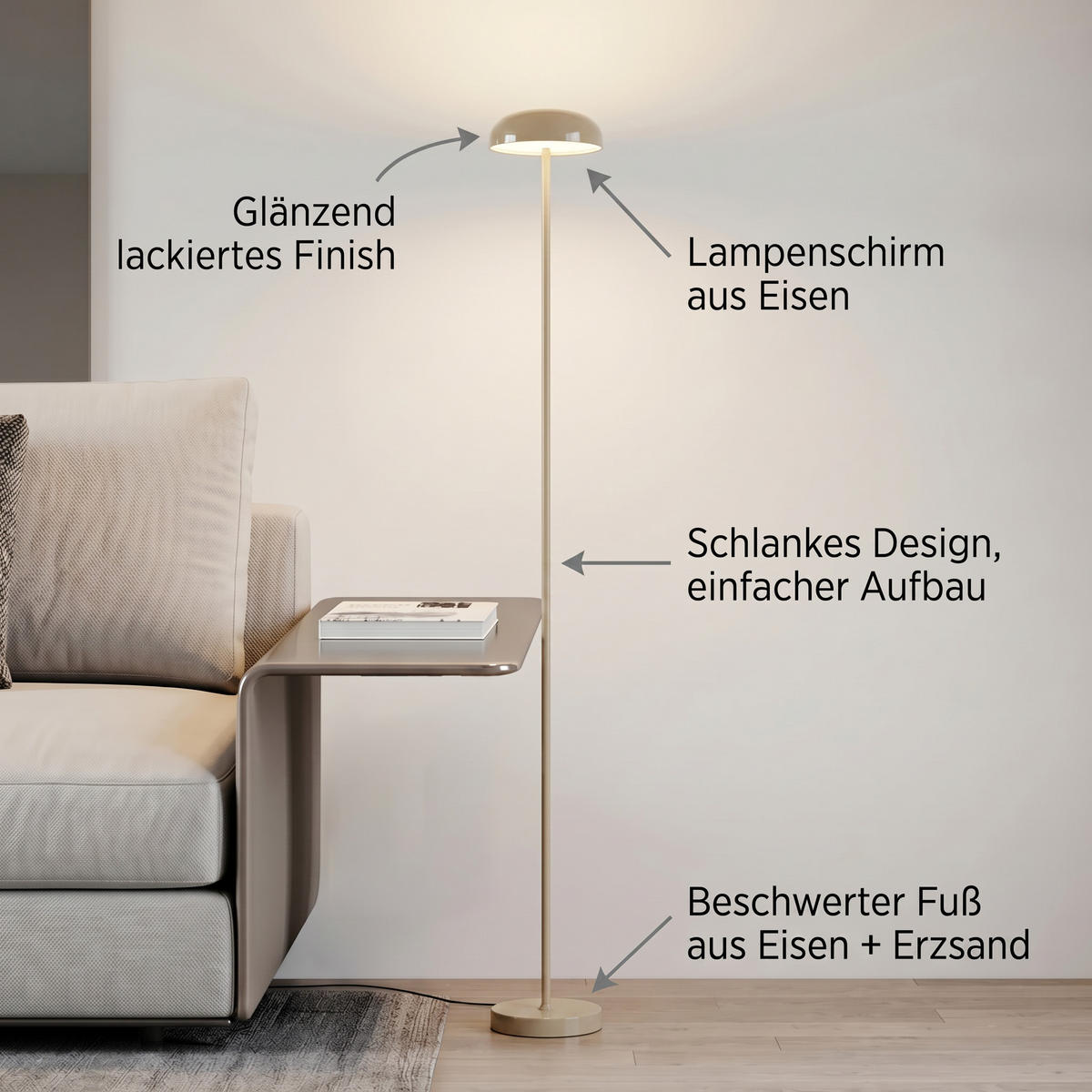 LED-DESIGN-STEHLEUCHTE stufenlos dimmbar Trittschalter 3000K 140cm hoch Metall Beige - Schwarz Hochglanz, Metall (15/15/137cm) - Elblight.de