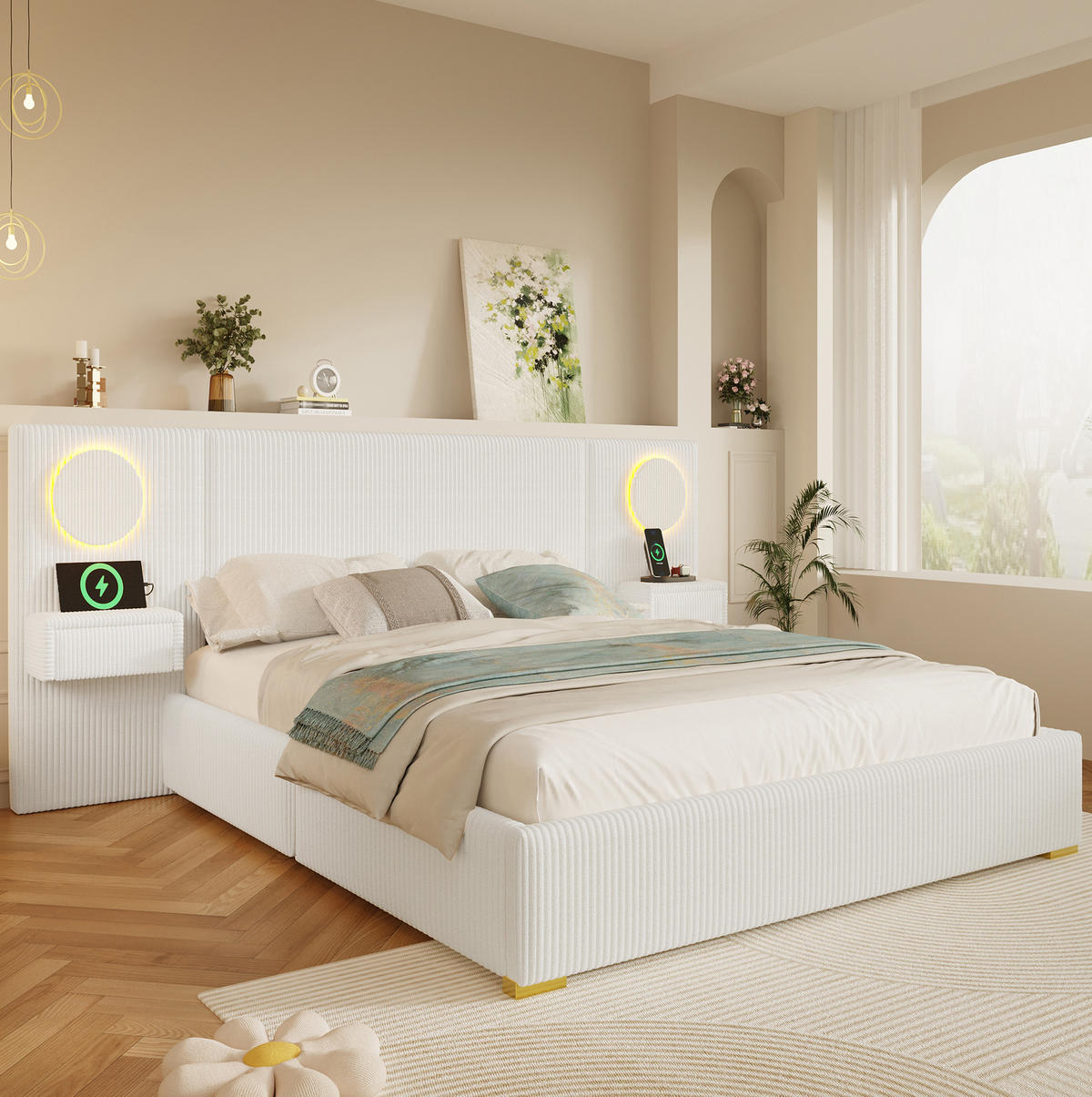 POLSTERBETT 180x200 cm in Beige mit LED-Kopfteil, USB-Anschlüssen und Nachttischen - Beige, Textil (180/200cm) - IVMEU
