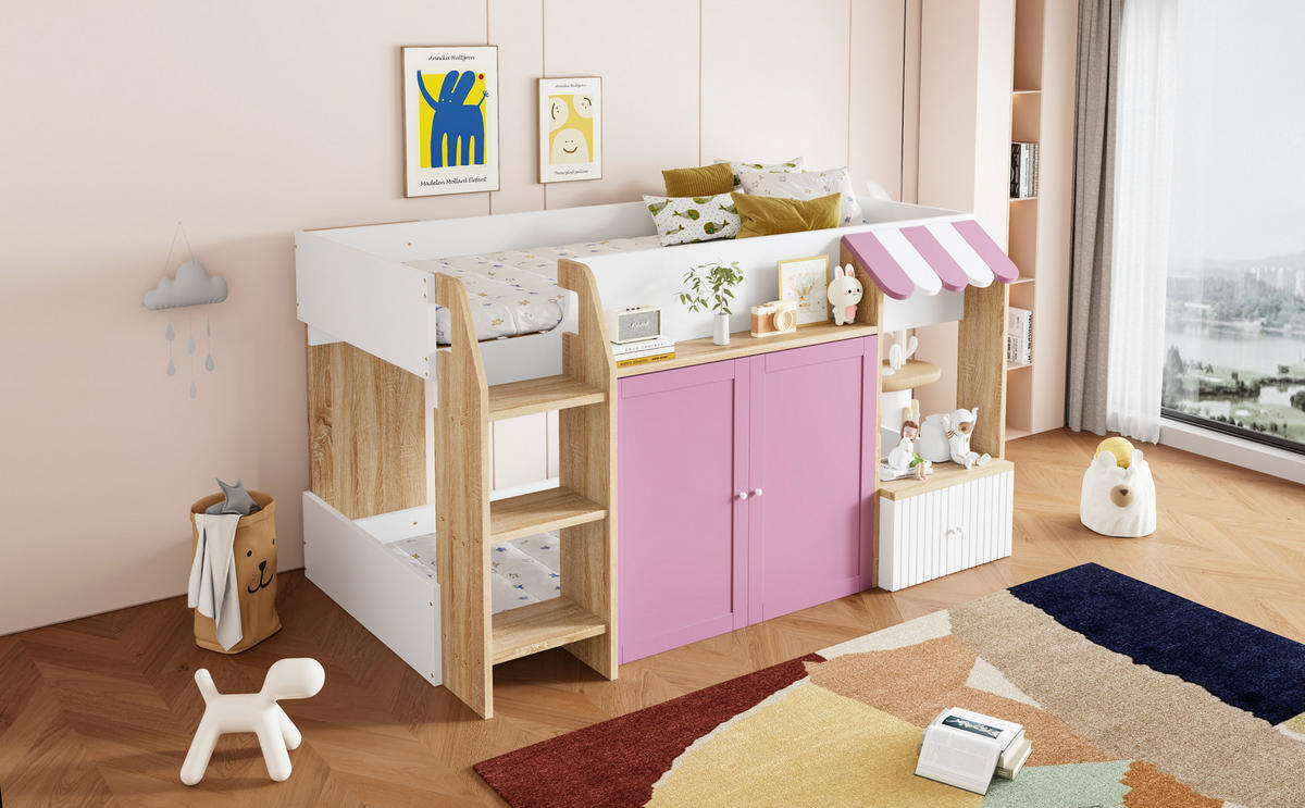 HOCHBETT 90x200 cm Haus Leiter Stauraum - Rosa, Holz (90/200cm) - LEBENLANG