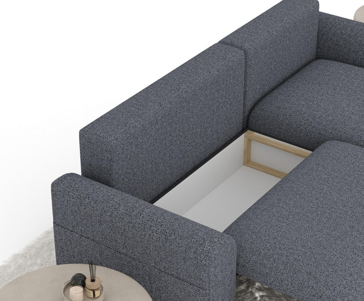 ECKSOFA MIT SCHLAFFUNKTION Bodega Blau Grau Webstoff - Blaugrau/Schwarz, Holz/Holzwerkstoff (235/138cm) - Maison de Reve
