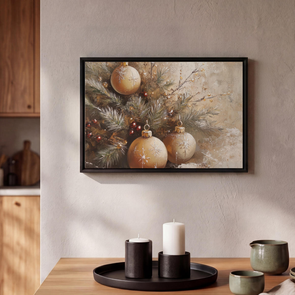 LEINWAND Bilder mit Rahmen - Weihnachten - Kugeln - Beige - Gold - 30x20 - Goldfarben, Textil (30/20cm) - MuchoWow