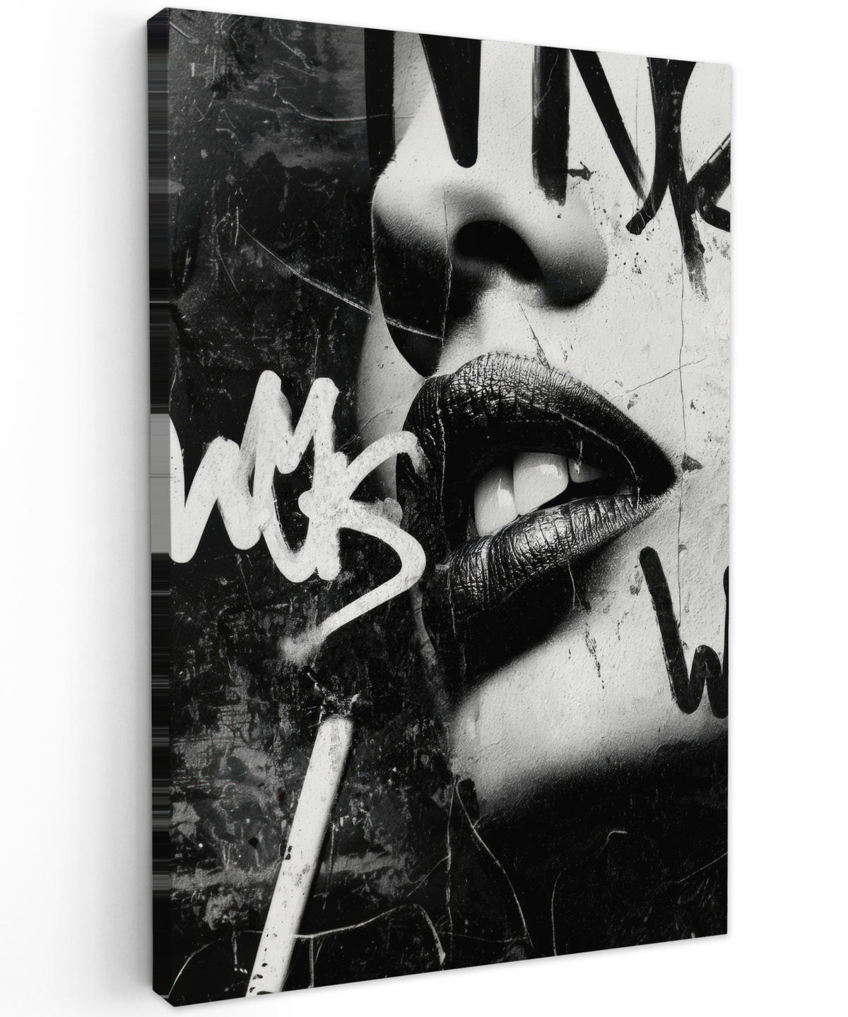 LEINWANDBILD Gesicht - Mund - Graffiti - Schwarz Deko XXL 80x120 cm - Schwarz, Textil (80/120cm) - MuchoWow