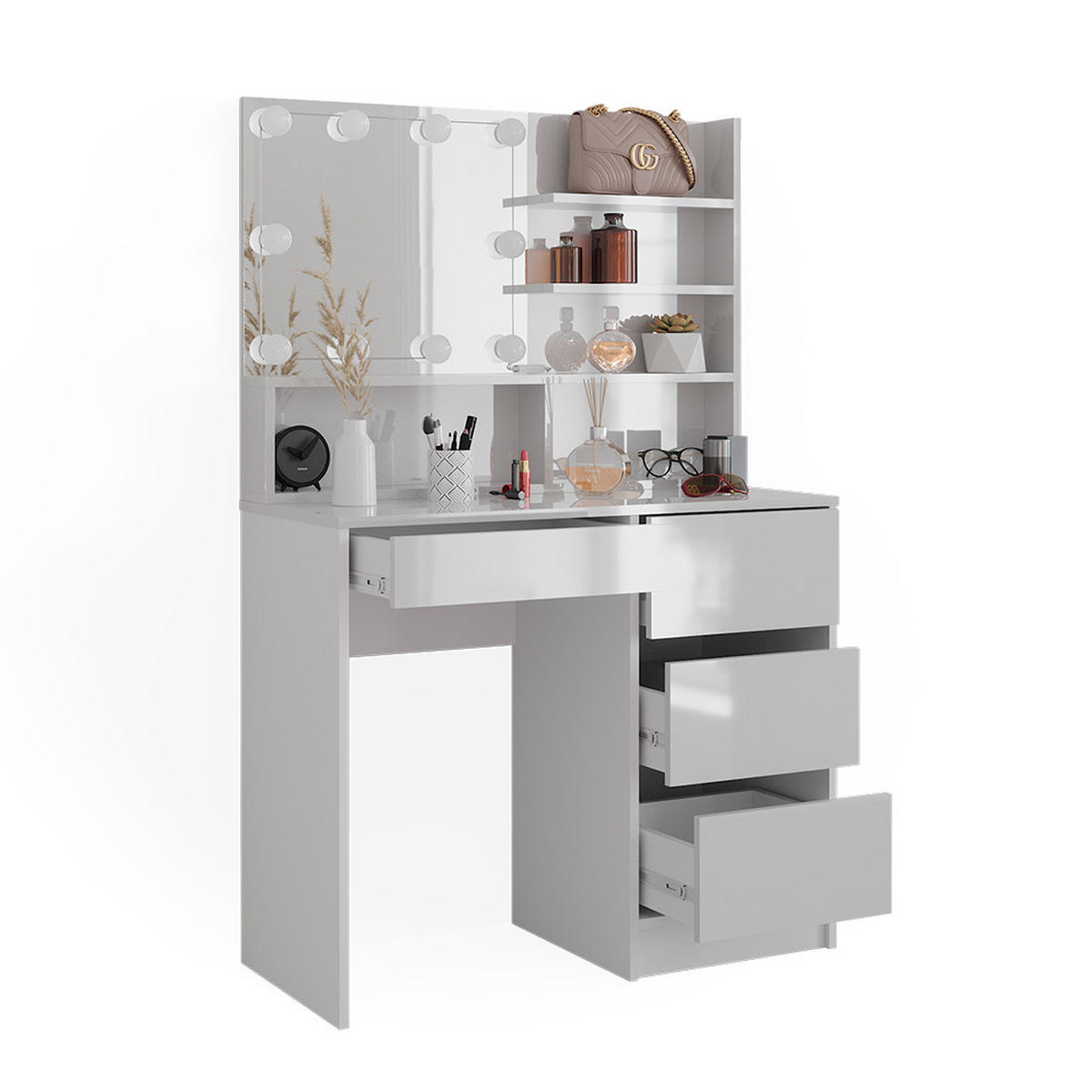 SCHMINKTISCH Sherry Weiß 140 cm mit LED Beleuchtung, und Spiegelregal - Weiß, Holzwerkstoff (40/75/140cm) - Vicco
