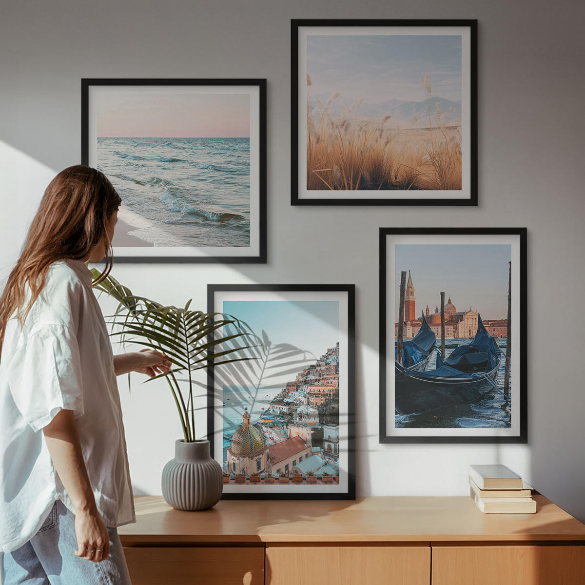 BILDER SET 4er Set - 50x50 cm & 40x60 cm Schwarzer Rahmen - Meerblick von Venedig - Schwarz, Kunststoff (50/50cm) - TULUP