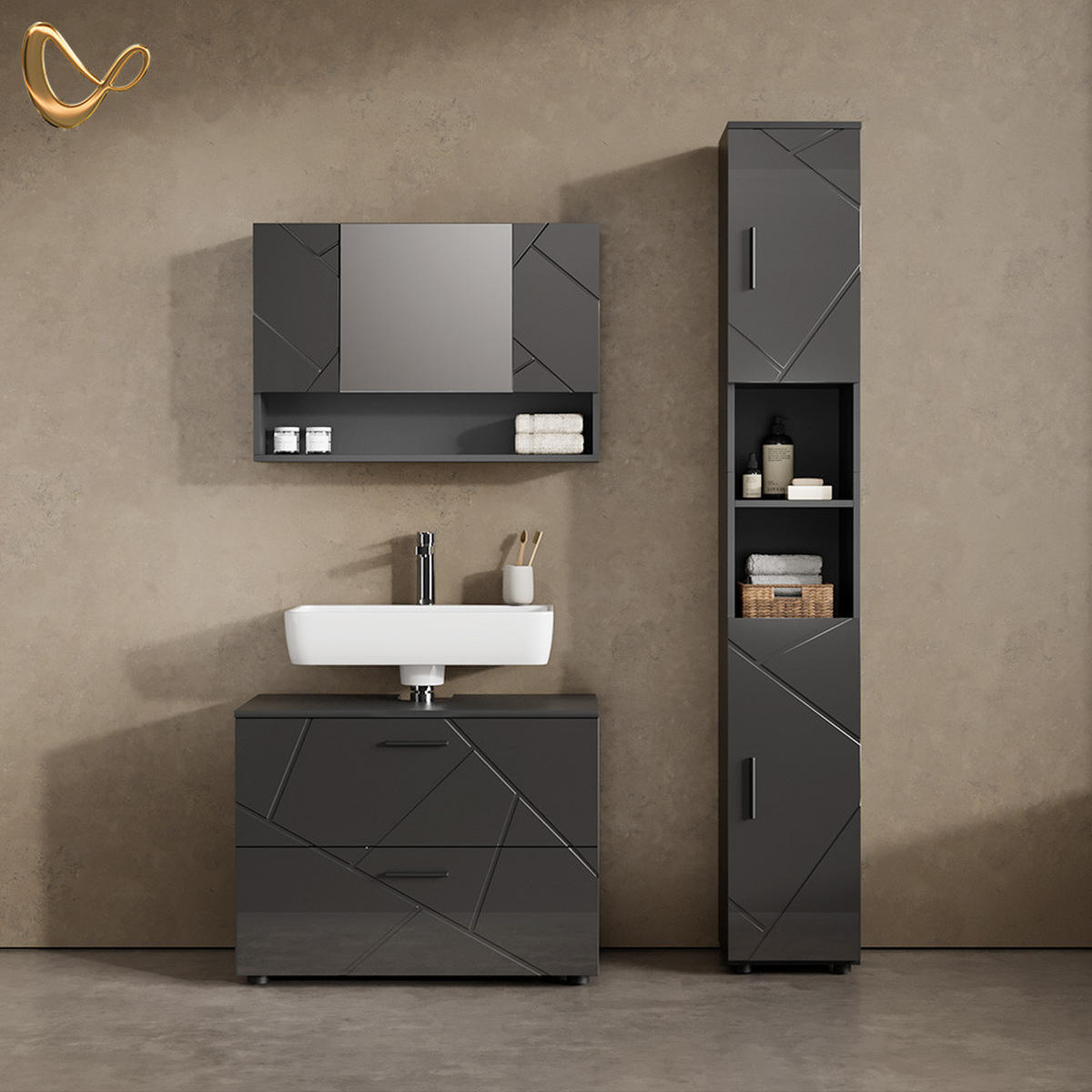 BADMÖBEL-SET Ronco Anthrazit Hochglanz 2 Teile, Unterschrank 80 cm - Anthrazit, Holzwerkstoff (41/80/58cm) - Livinity®