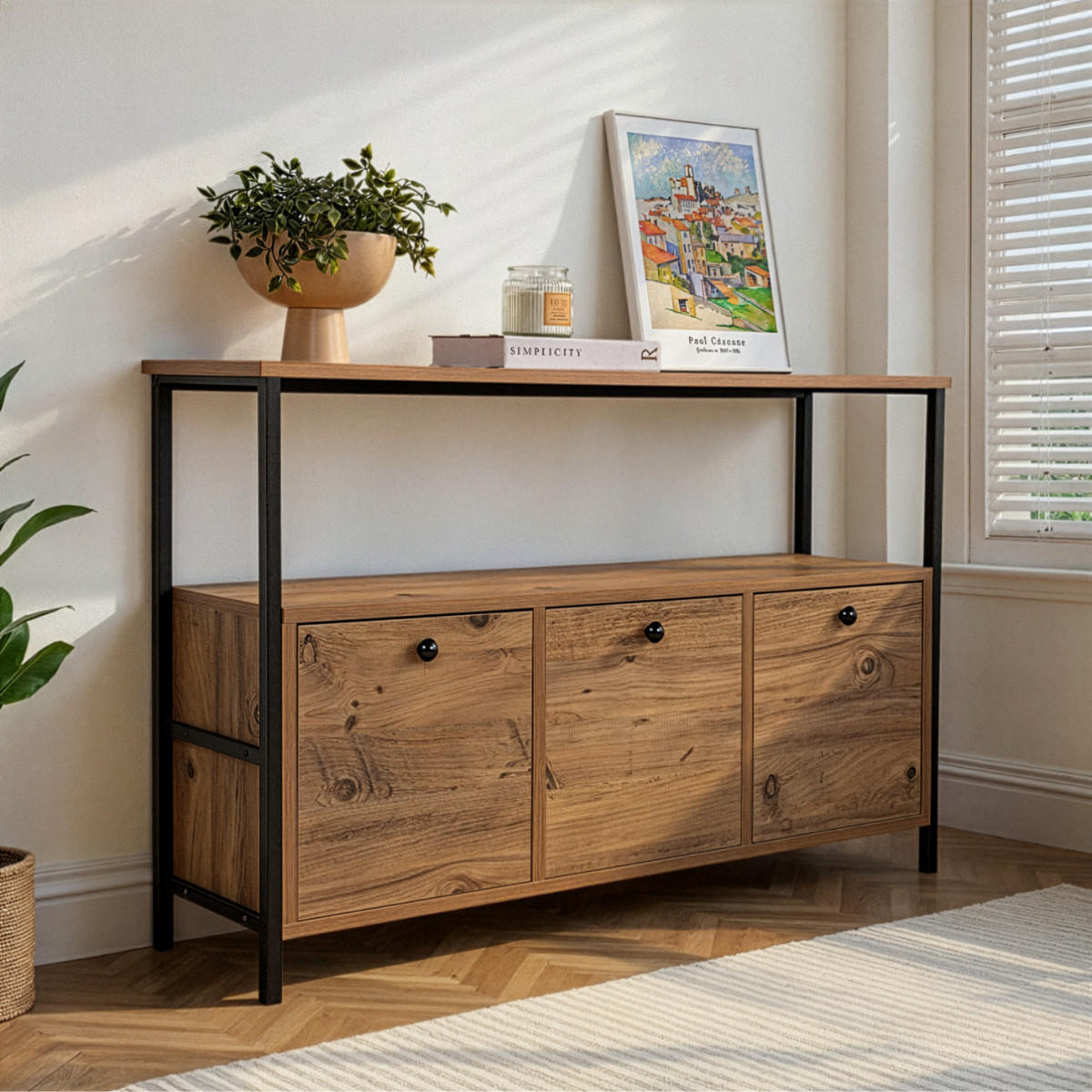 SIDEBOARD mit 3 Türen und 1 oberer Ablagefläche 120/29,5/77 cm - Schwarz/Kieferfarben, Holzwerkstoff (29.5/77/120cm) - Calicosy