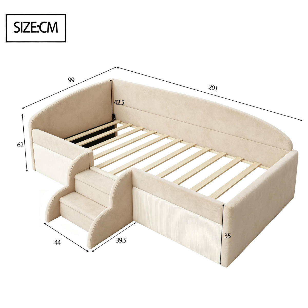 POLSTERBETT 90/190 cm in Beige mit Schutzbügel, Stufen und Lattenrost aus Samt - Beige, Holzwerkstoff/Textil (90/190cm) - STILVORA