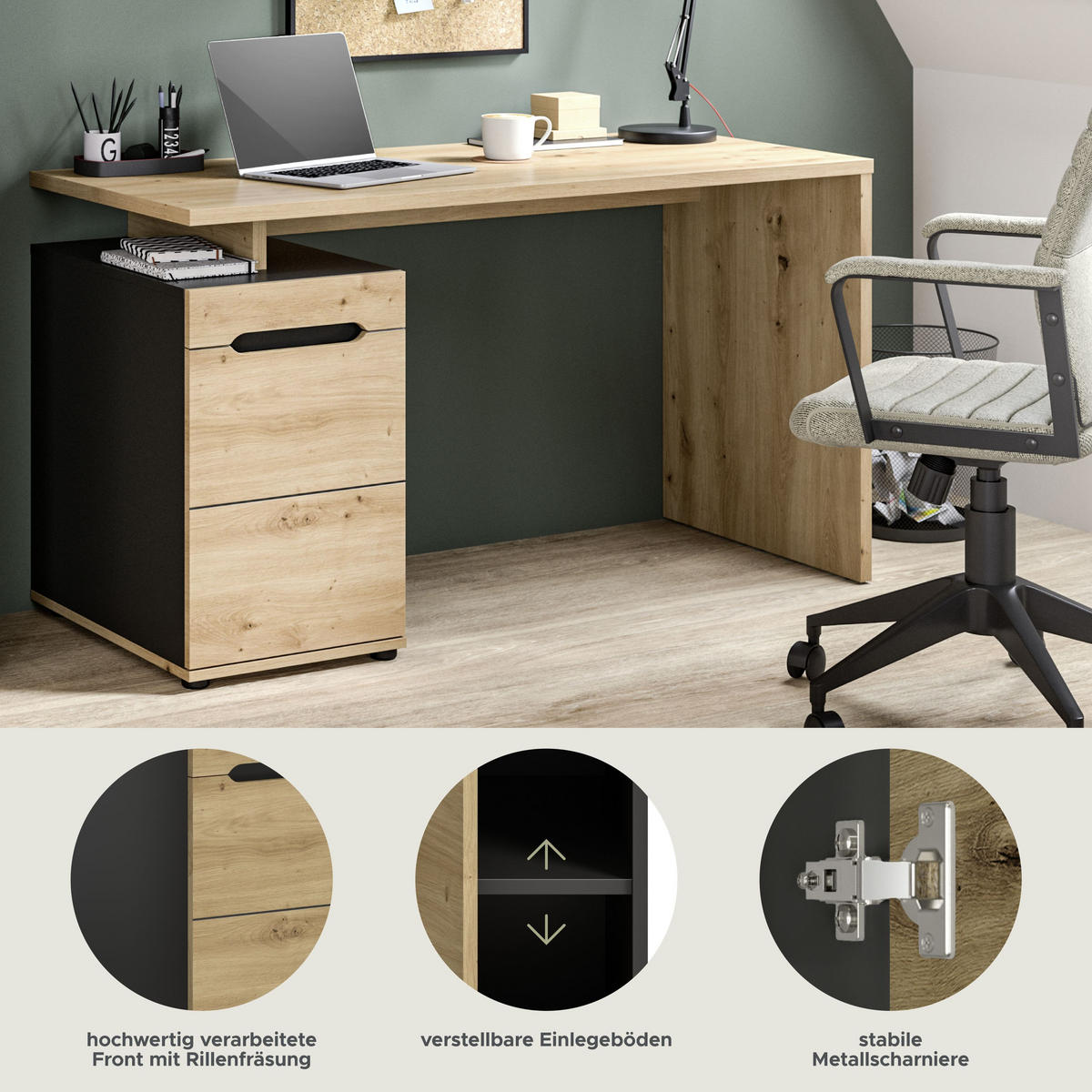 SCHREIBTISCH Canu Artisan 140/60/75 cm - Grau, Holzwerkstoff (60/140/75cm) - Xonox